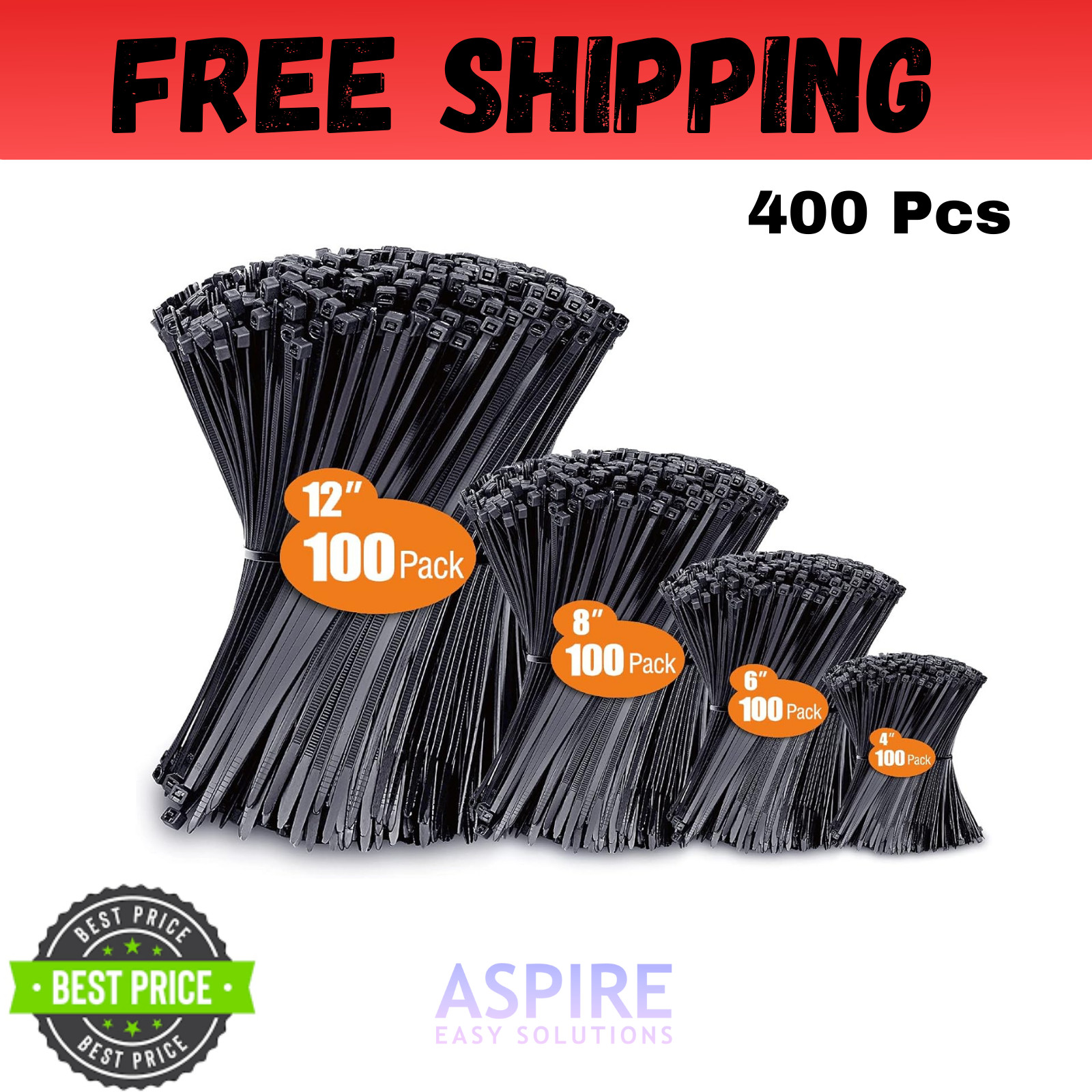 Zip Cable Ties Assorted Sizes(4”+6”+8”+12”) Heavy duty Nylon Black UV Resistant