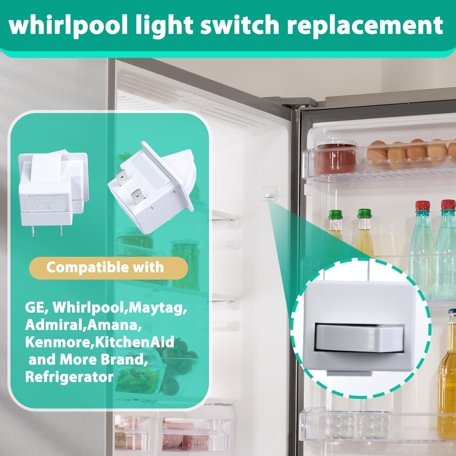 Refrigerator Door Light Switch – Compat w/ Whirlpool, GE, Maytag, Amana, Kenmore