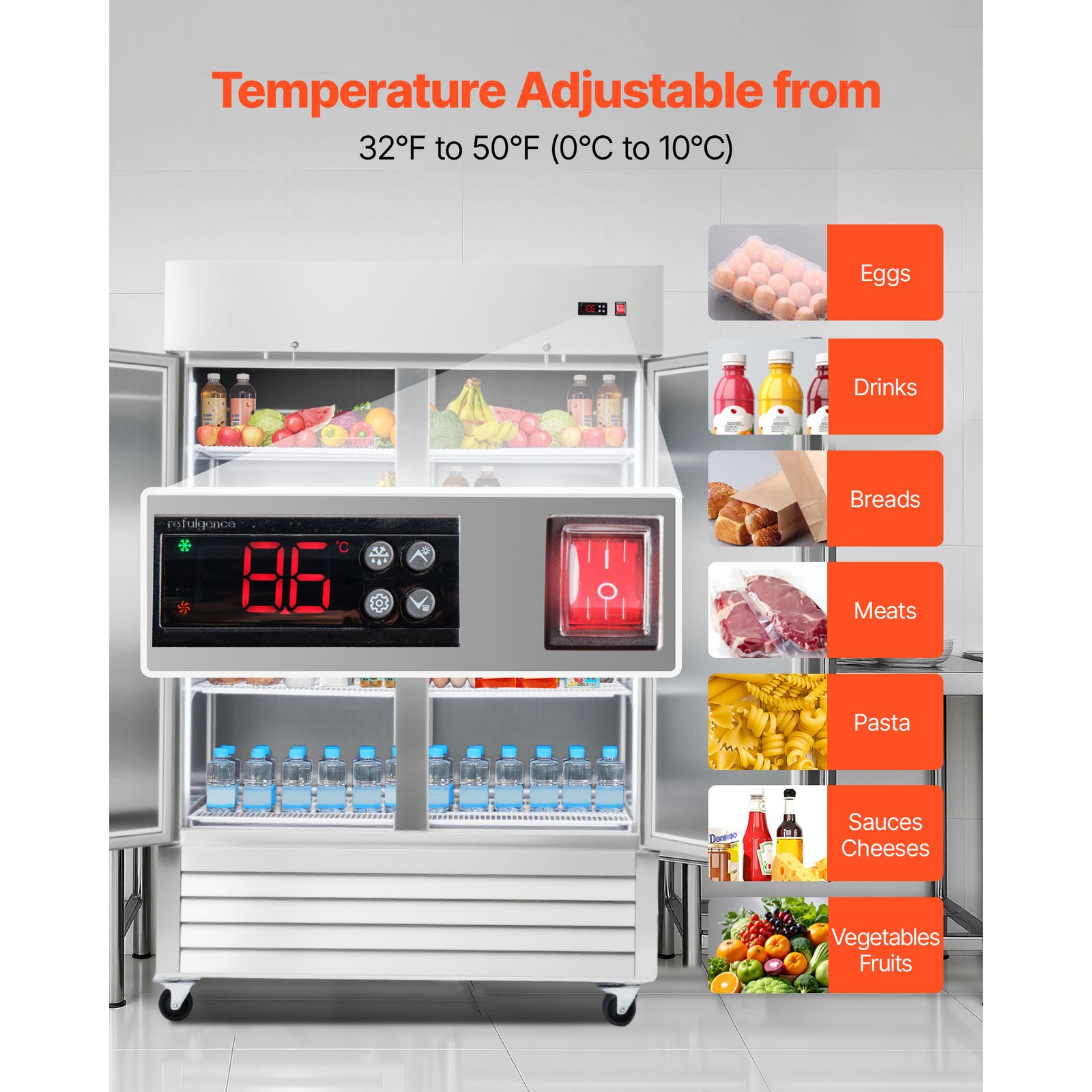 Uimoso Commercial Upright Refrigerator 44 Cu.ft with Dual Doors and 8 Shelves