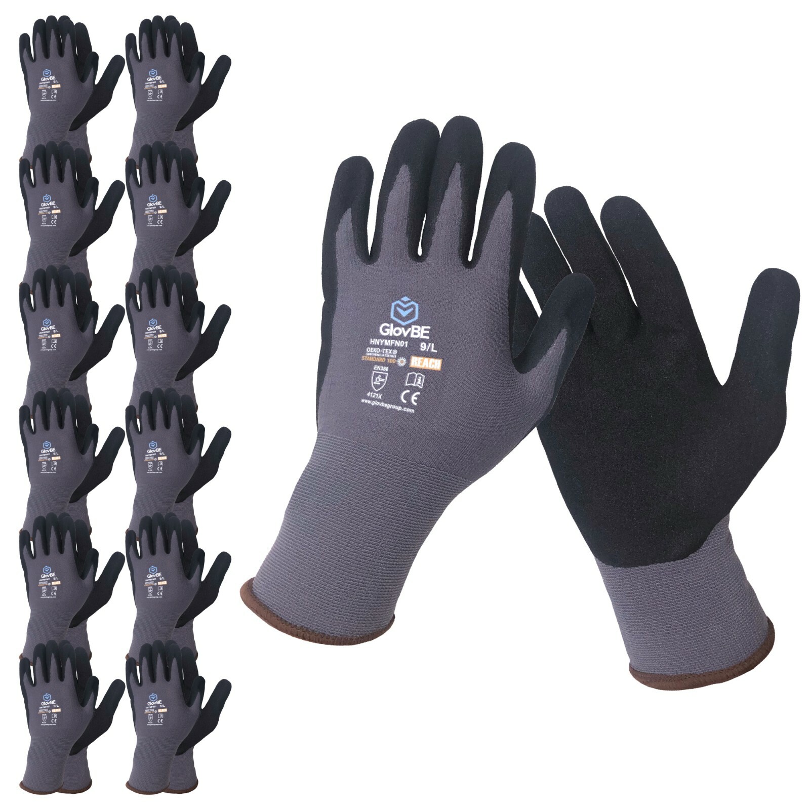 GlovBE 3/6/12/120 PAIRS Mechanic Nylon Work Gloves Nitrile Micro Foam Palm Coat