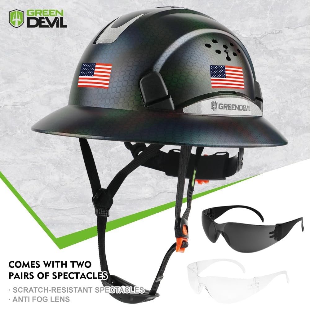 GREEN DEVIL Full Brim Hard Hat Vented one adjustable size, The Chameleon