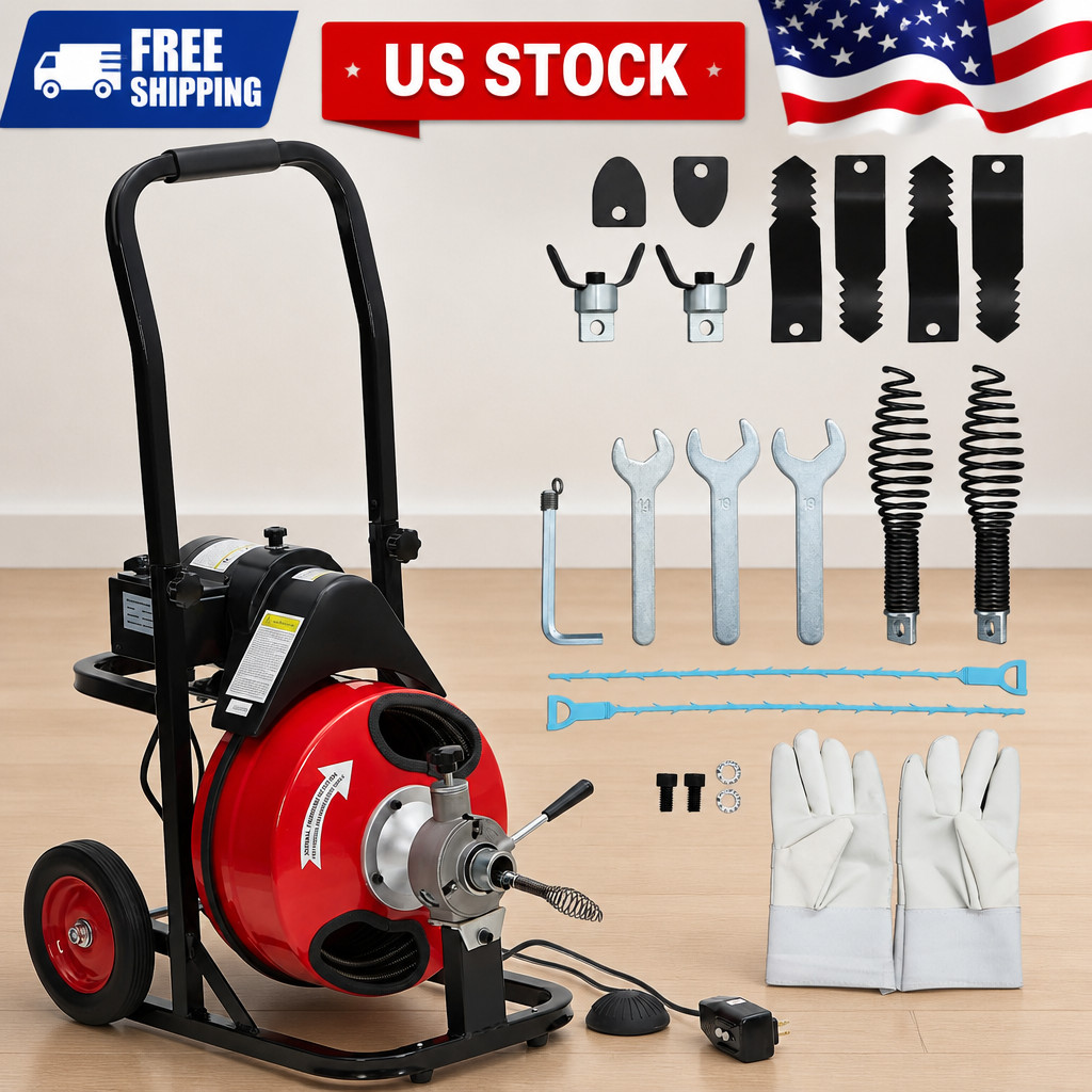 Electric Drain Cleaner Machine, x 3/8″ Robust Steel Cable, 200W Motor, 8 Cu 75Ft