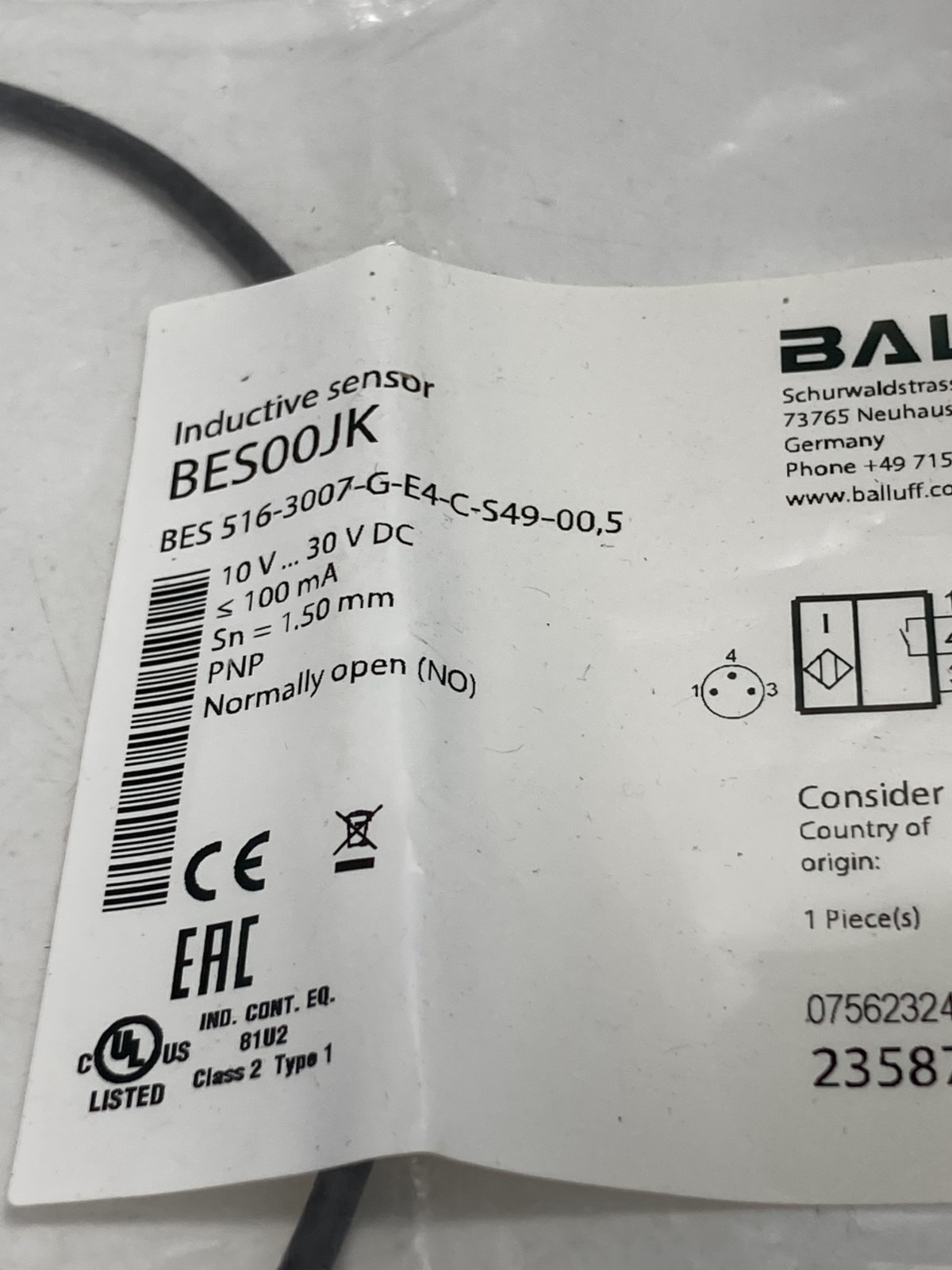 BALLUFF BES 516-3007-G-E4-C-S49-00,5 INDUCTIVE SENSOR 10-30VDC100MASN 1,50MM NIB