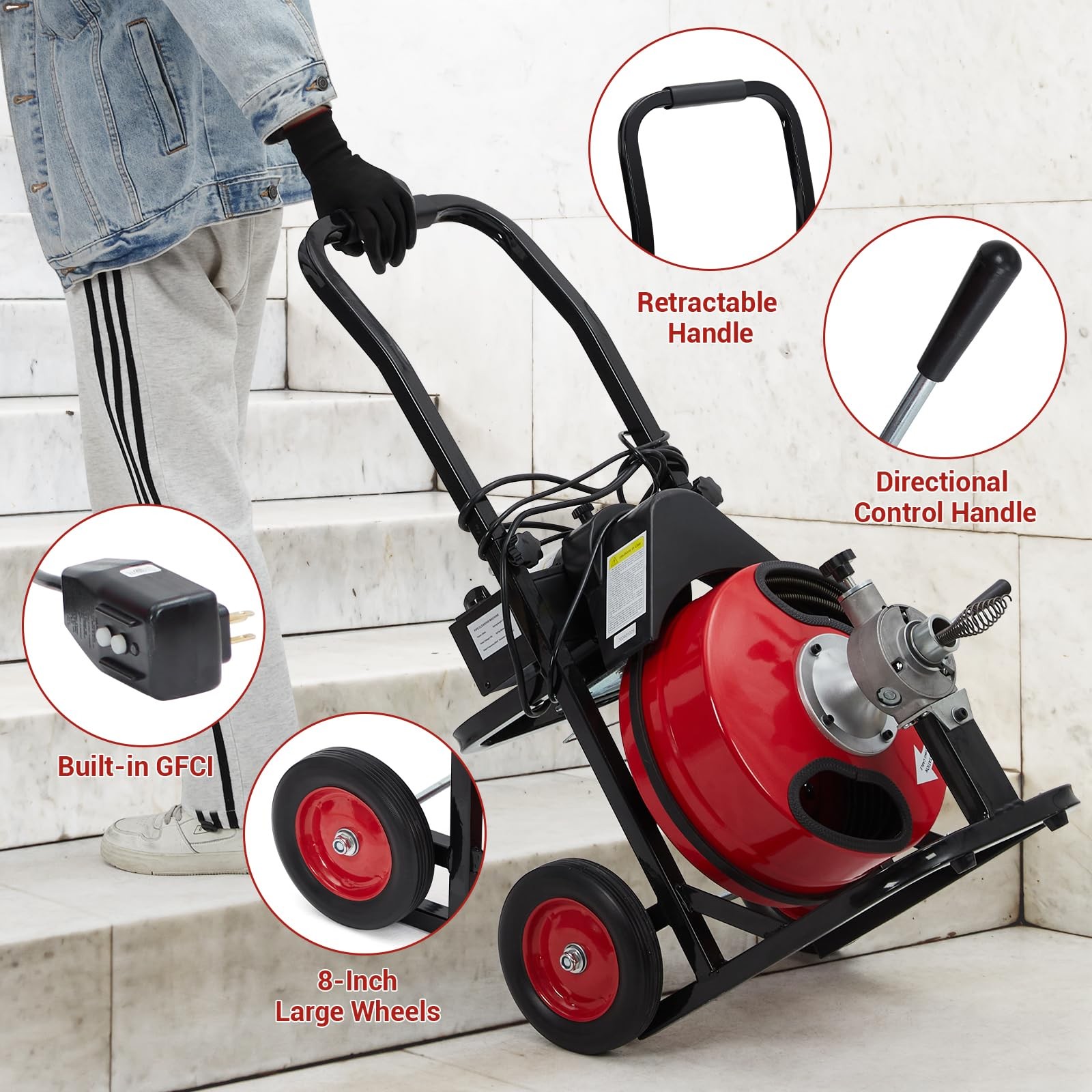 Electric Drain Cleaner Machine, x 3/8″ Robust Steel Cable, 200W Motor, 8 Cu 75Ft