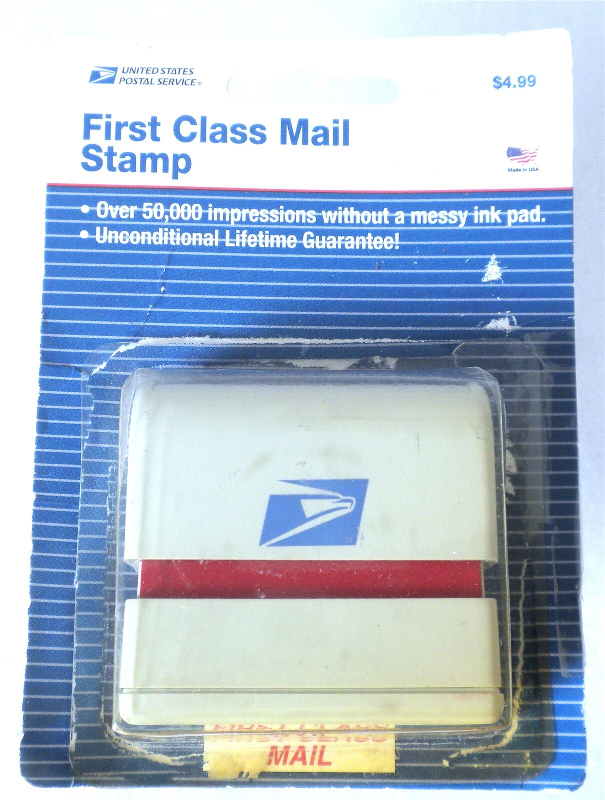 RARE UNITED STATES POST OFFICE FIRST CLASS MAIL RUBBER STAMP IN ORIGINAL PACKAGE