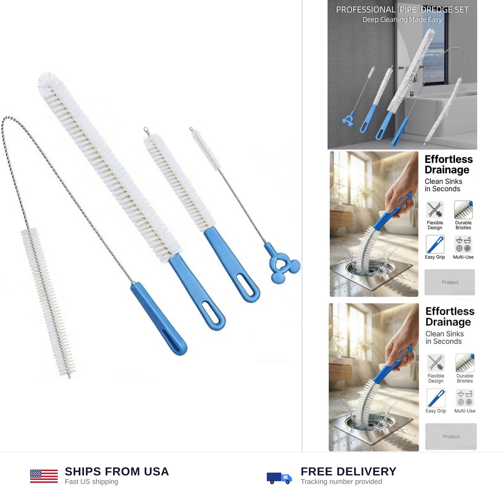 Flexible Drain Cleaning Brush Set, Long Pipe Cleaner for Kitchen Sink, Shower…
