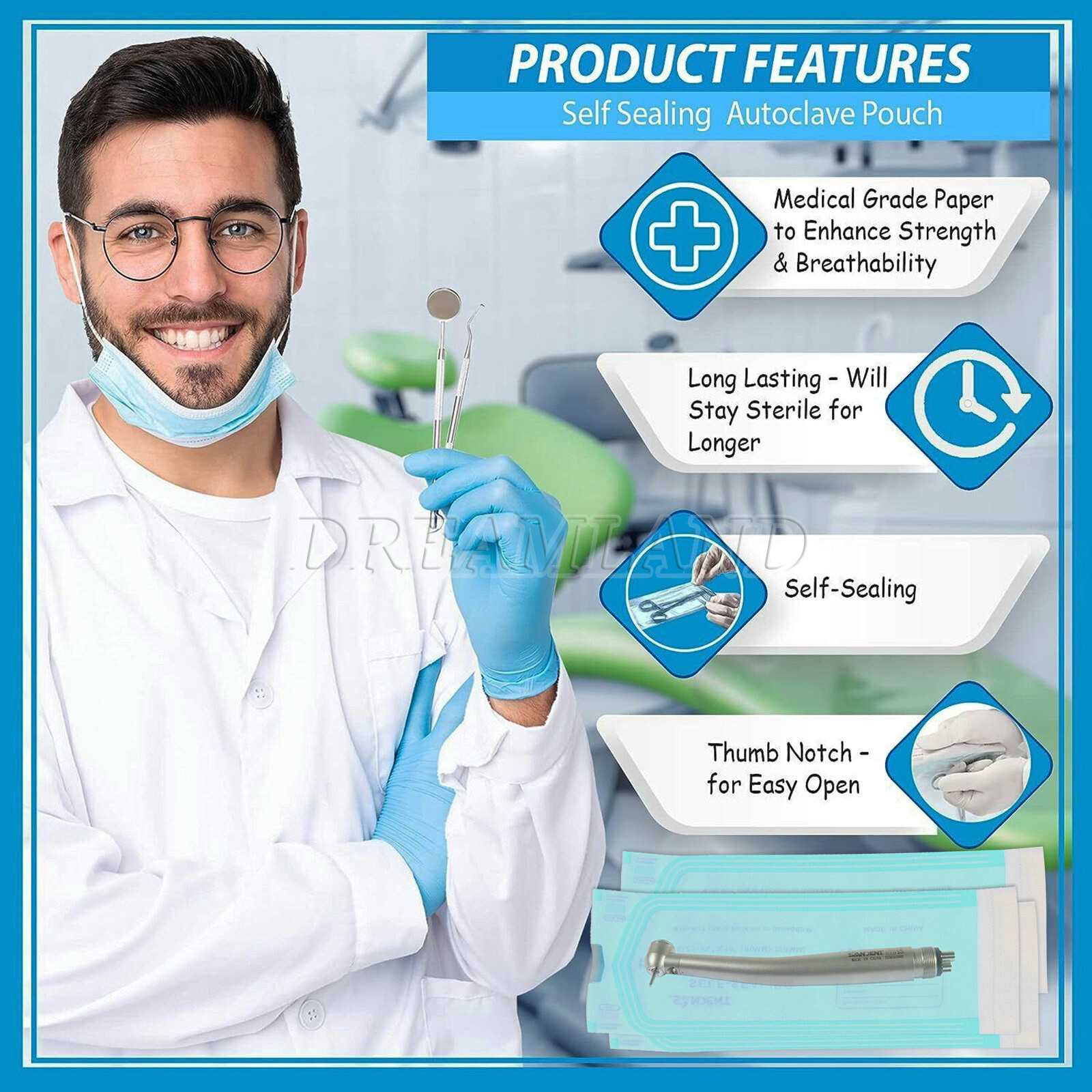 Sterilization Pouches- 3.5 » x 10 » Dental Medical Self Seal Pouch Bag 200 Bags