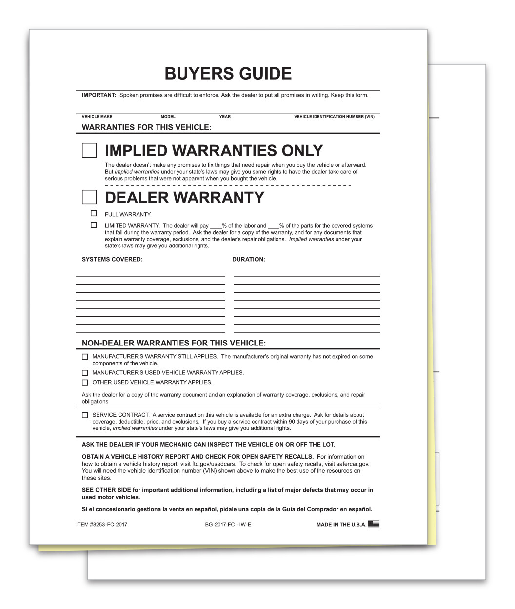 2-PART BUYERS GUIDE FORM FILE COPY NO TAPE IMPLIED WARRANTY 100 PER PACK CAR LOT
