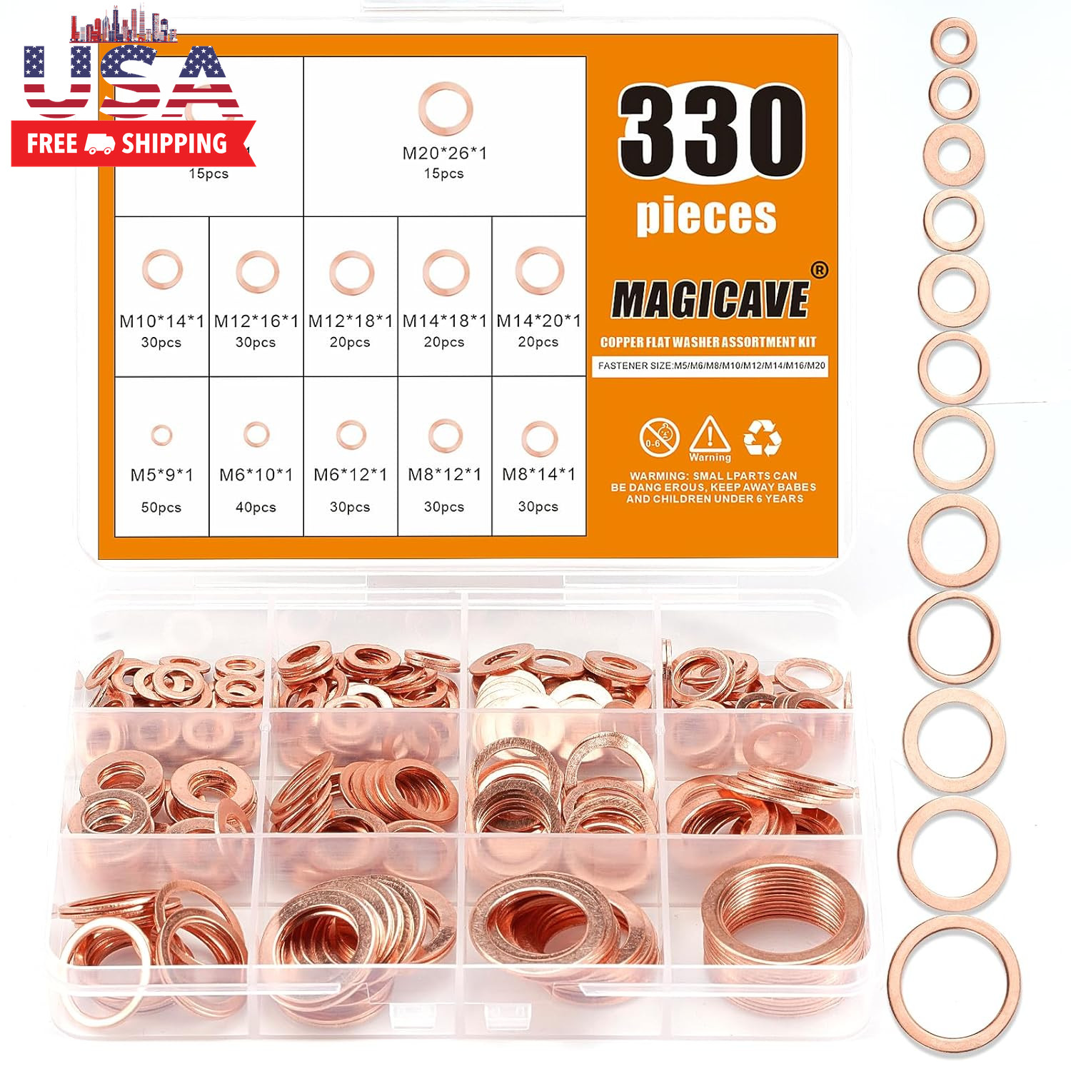 330 Pcs Copper Washers Assortment Kit – 12 Sizes Flat Sealing Crush Washers (M5-