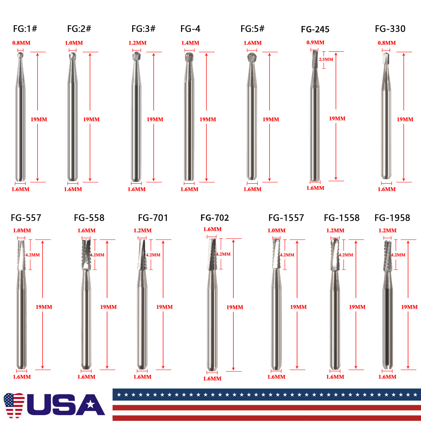 10-100 US Dental Fast High Speed Handpiece Burs Round Tungsten Carbide FG Bur po