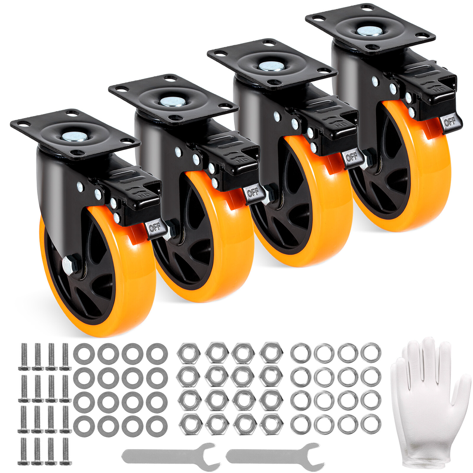 VEVOR Caster Wheels Swivel Plate Casters 4 Pack 5″ Heavy Duty with Locking Brake