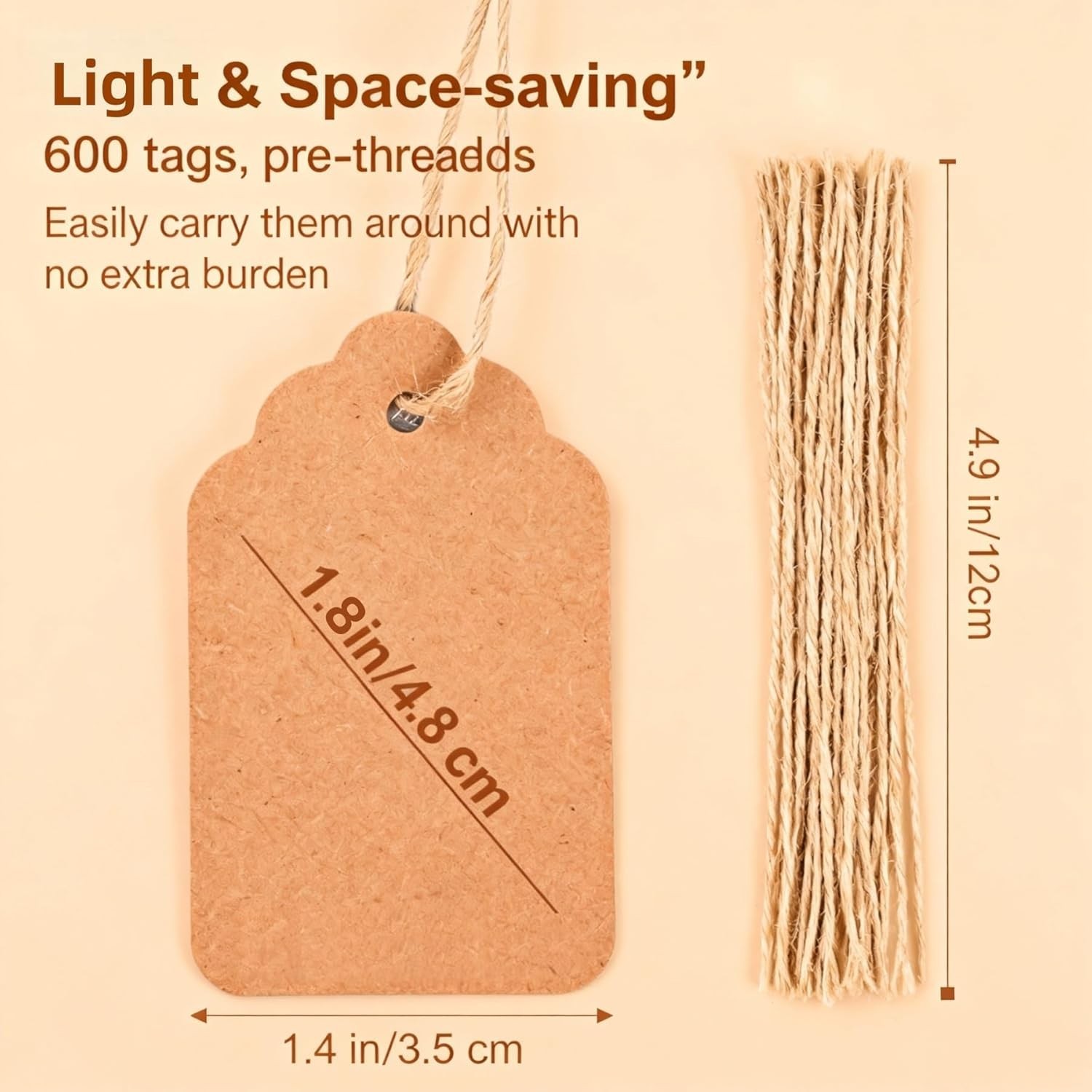 600 PCS Pre-Strung Key Tags with String Attached, Brown Kraft Paper Key Labels,