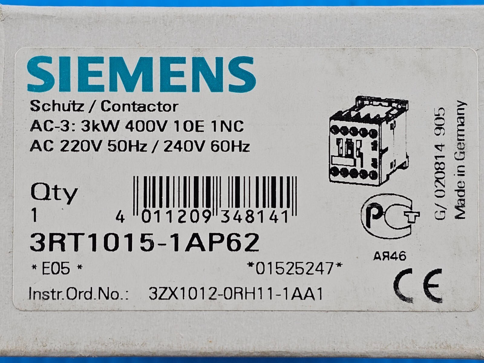 NEW Siemens 3RT1015-1AP62 Power Contactor, 3P, 7A, 3Kw, 3RT10151AP62 Lot of 2