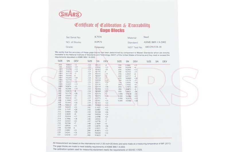 SHARS 81 PCS GRADE B GAGE GAUGE BLOCK SET NIST CERTIFICATE M}