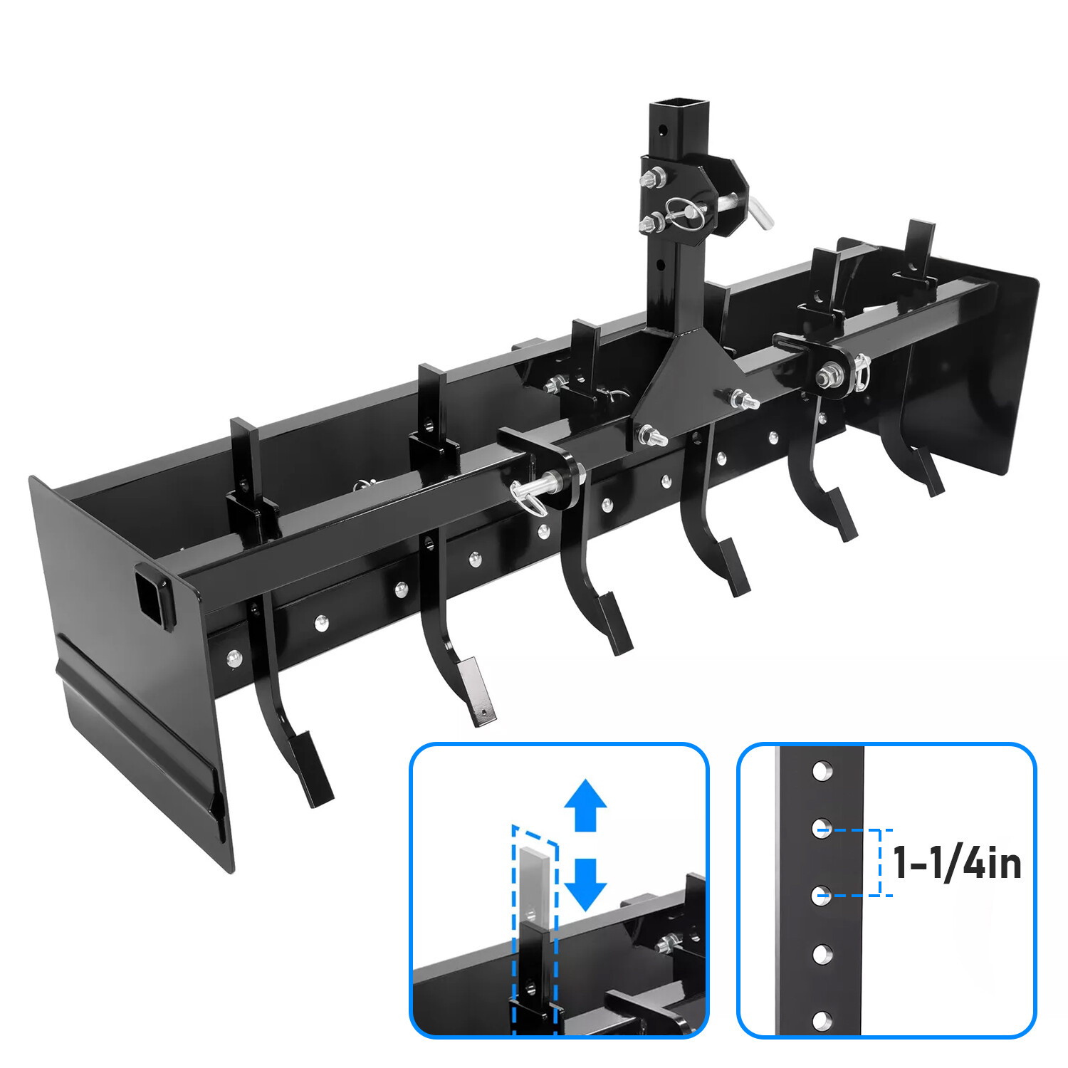 Powder Coated Steel 55″ Box Blade Scraper W/6 Scarifier Shank For Cat 0 Cat 1