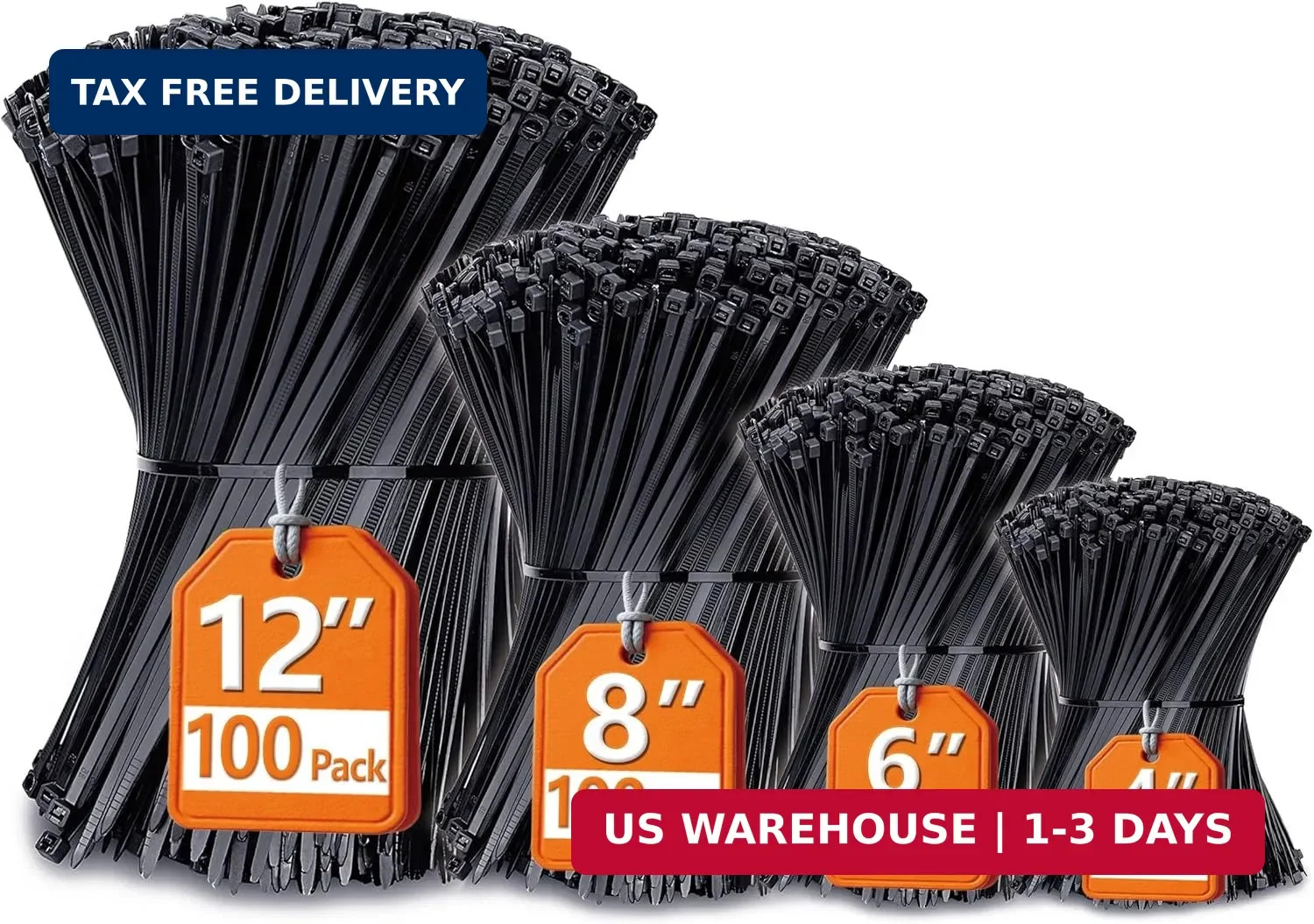 Zip Cable Ties Assorted Sizes(4”+6”+8”+12”) Heavy duty Nylon Black UV Resistant