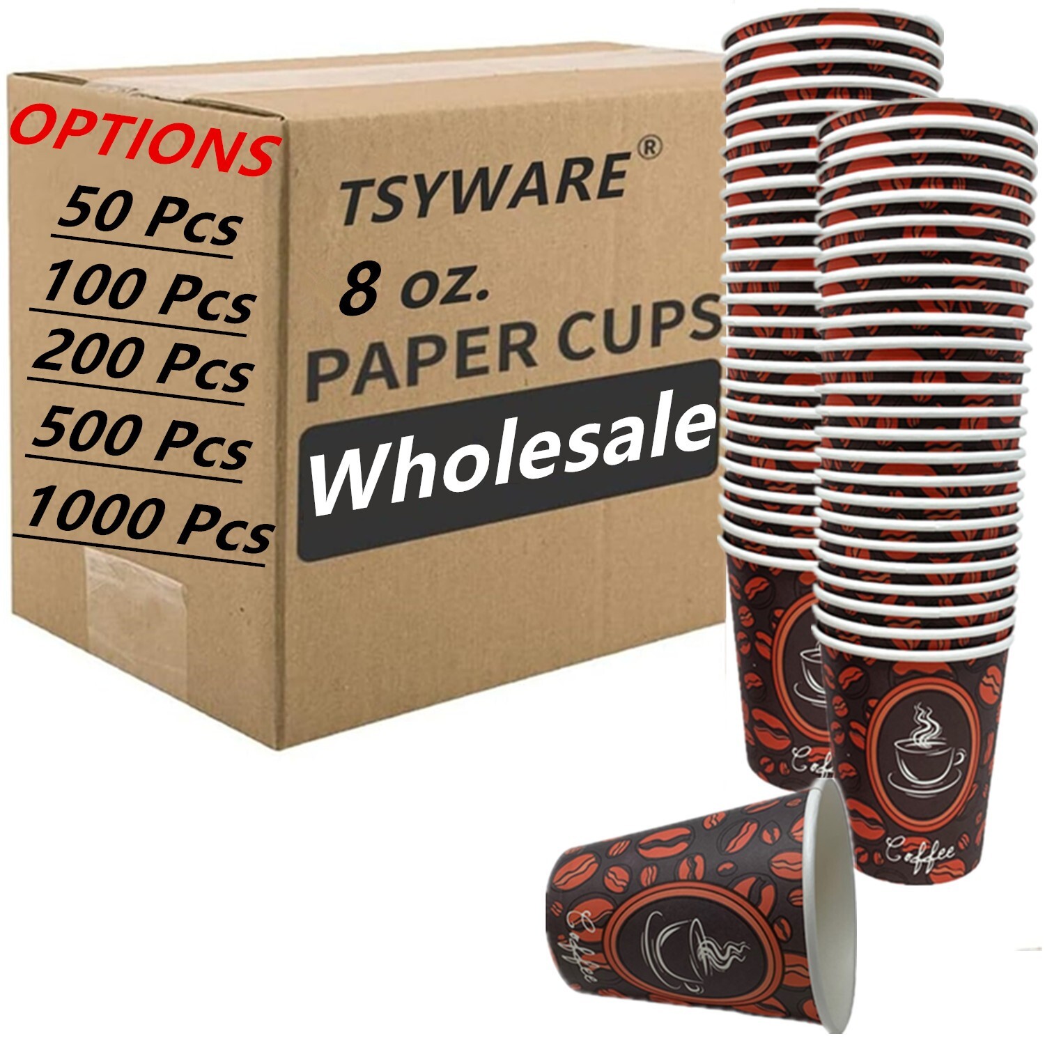 8oz Disposable Paper Cups Coffee Bean Design for Cold/Hot Drinking 50-1000 Pack