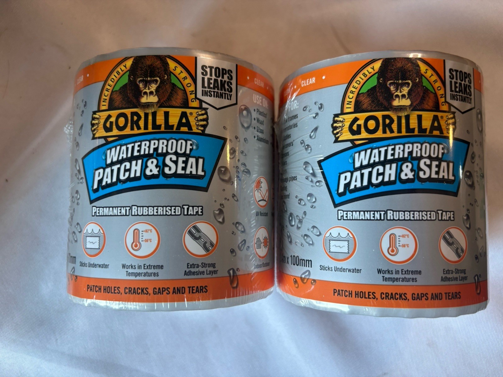 Lot Of 2 Gorilla Waterproof Patch & Seal Tape 100mm x 2.4m Clear GRGWPSTCL New