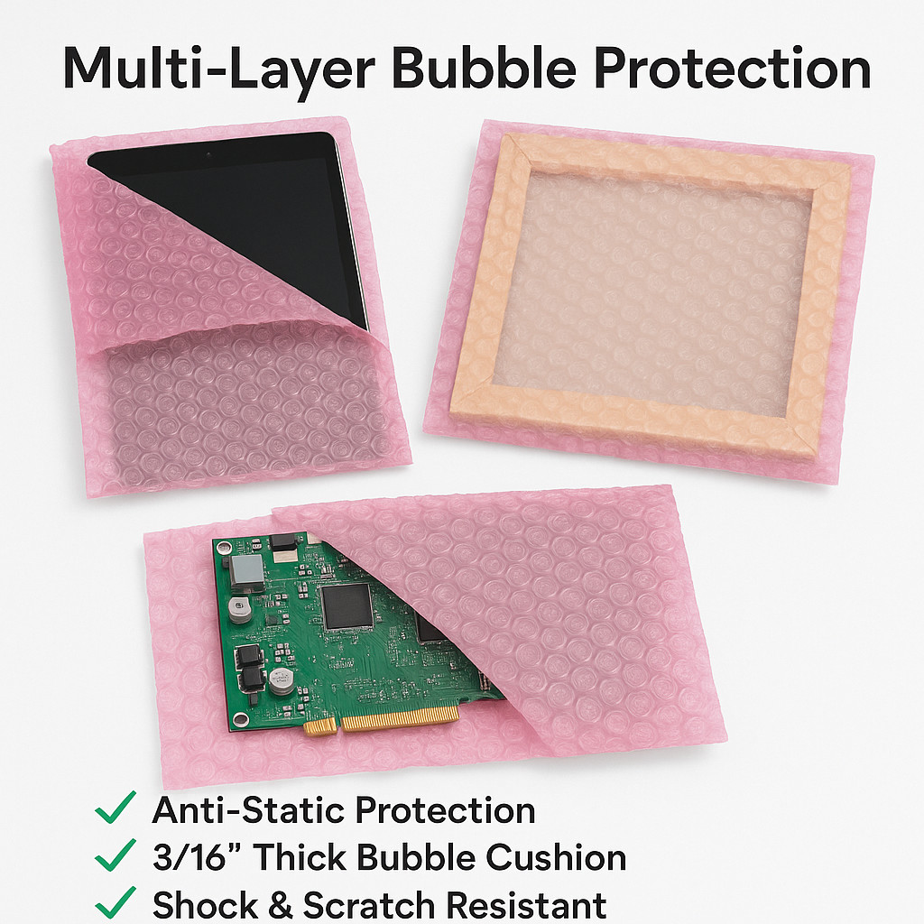12×15.5 Pink Anti-Static Bubble Pouches Self Seal 3/16″ Poly Bags