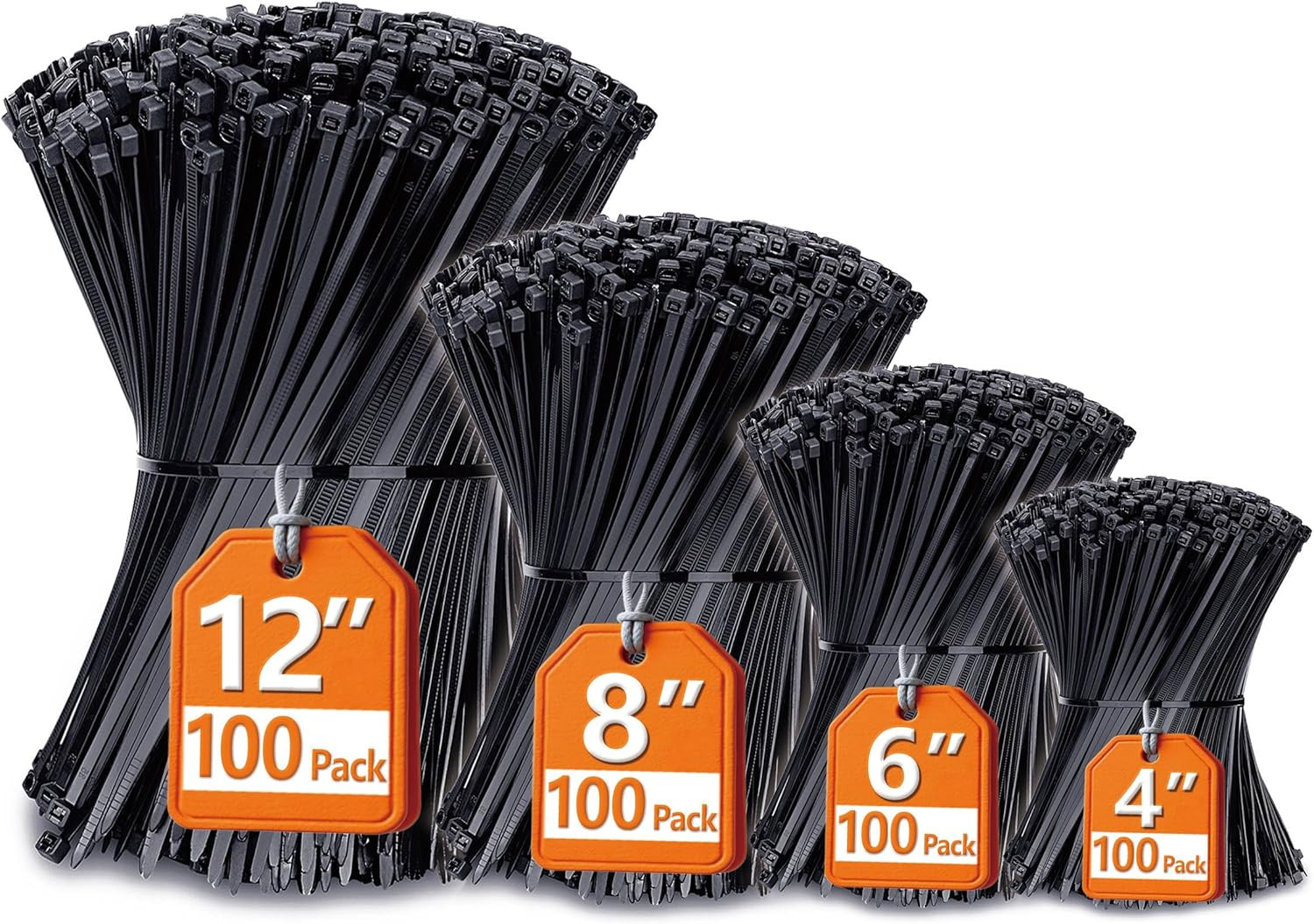 Zip Ties Assorted Sizes(4”+6”+8”+12”), 400 Pack, Black Cable Ties, UV Resistant