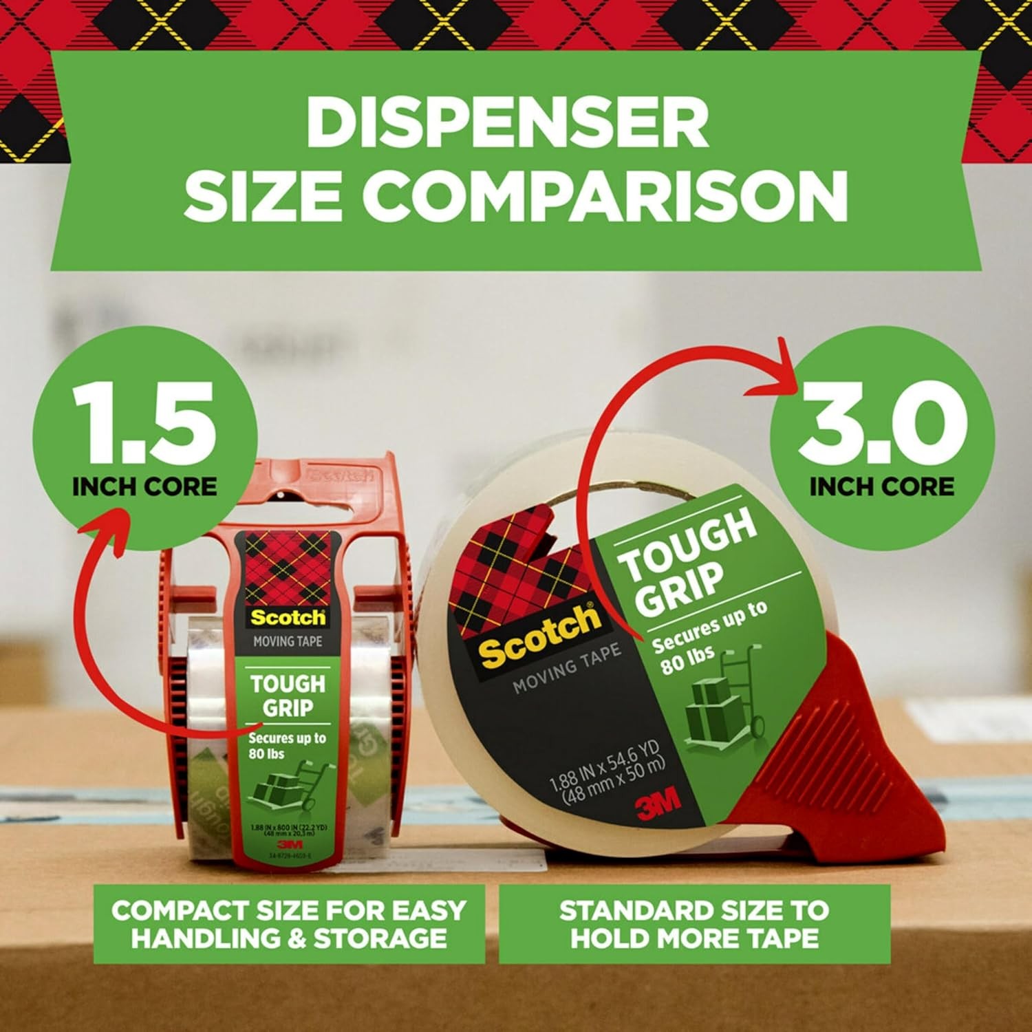 Scotch Tough Grip Packing Tape Clear 1.88×22.2yd 6 Rolls w/Dispensers