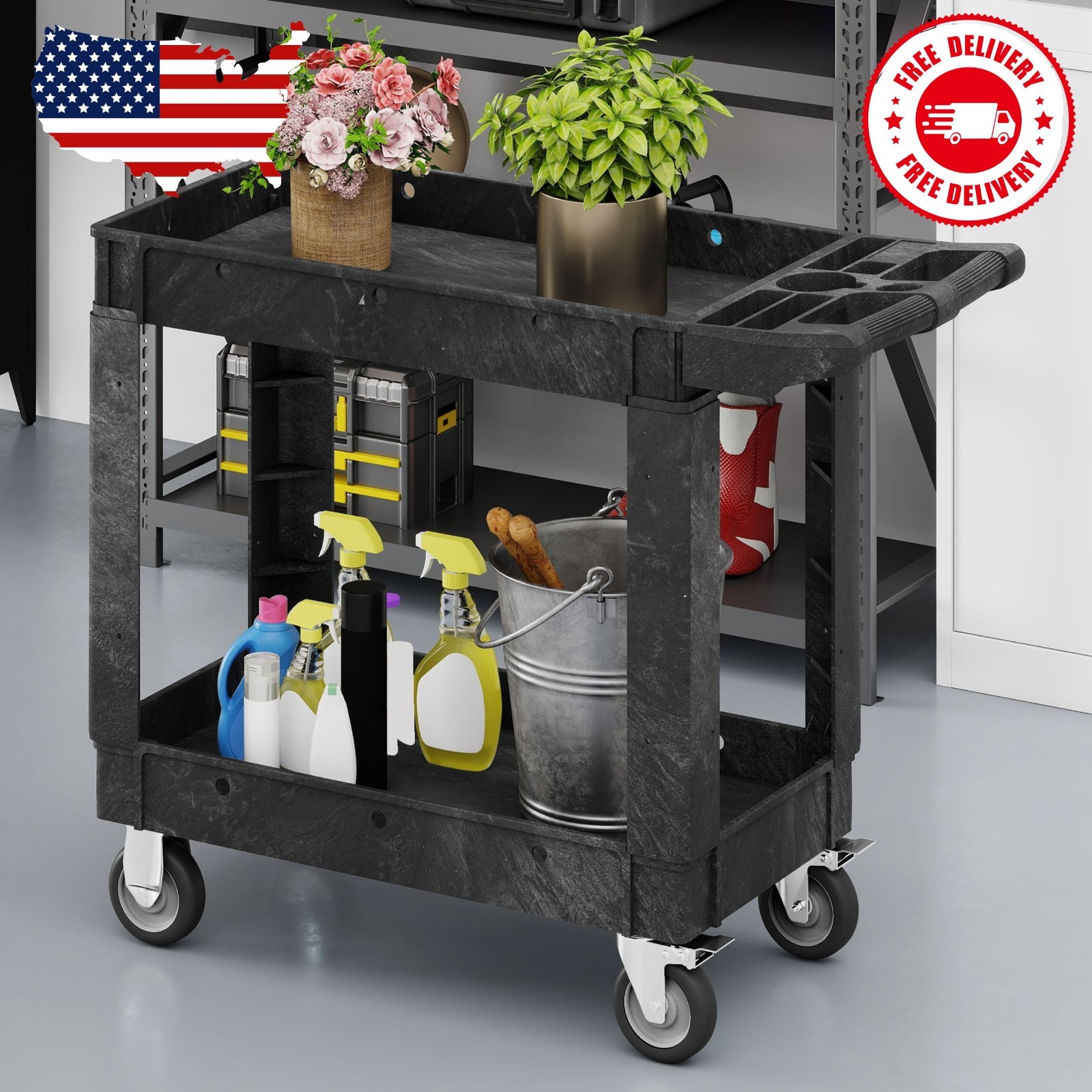 Heavy-Duty Utility Cart, 550 lbs Load Capacity, 40 x 17 inch Rolling Plastic…