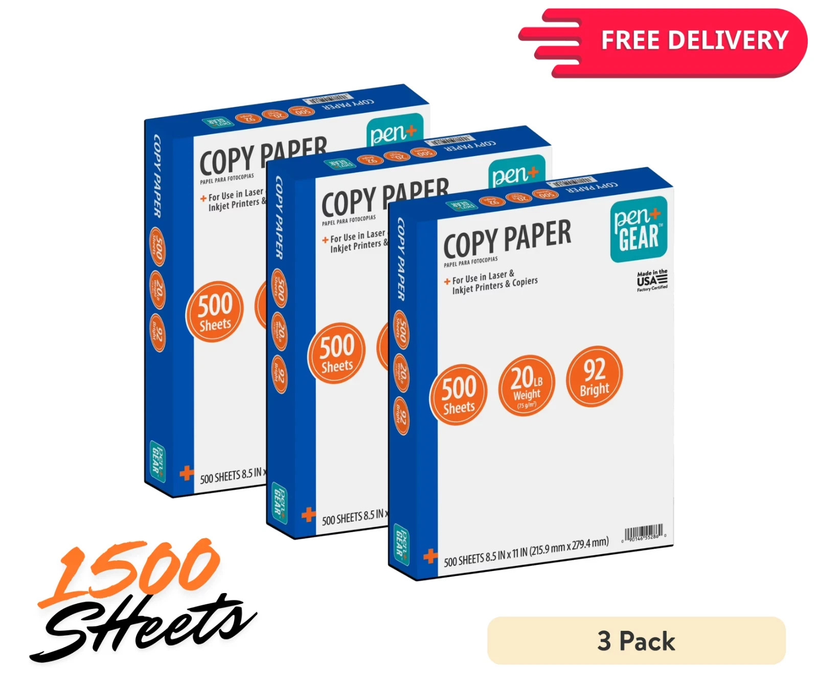 1500 Sheets – Copy Paper, 8.5″ x 11″, 92 Bright, 20 lb., 3 Reams Free Shipping