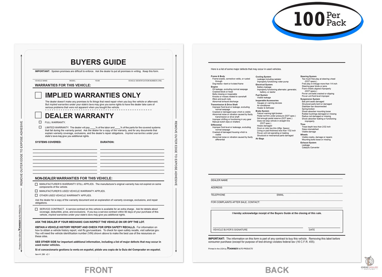 Interior Self-Adhesive Buyers Guide – Implied Warranty With Lines (100 per pack)