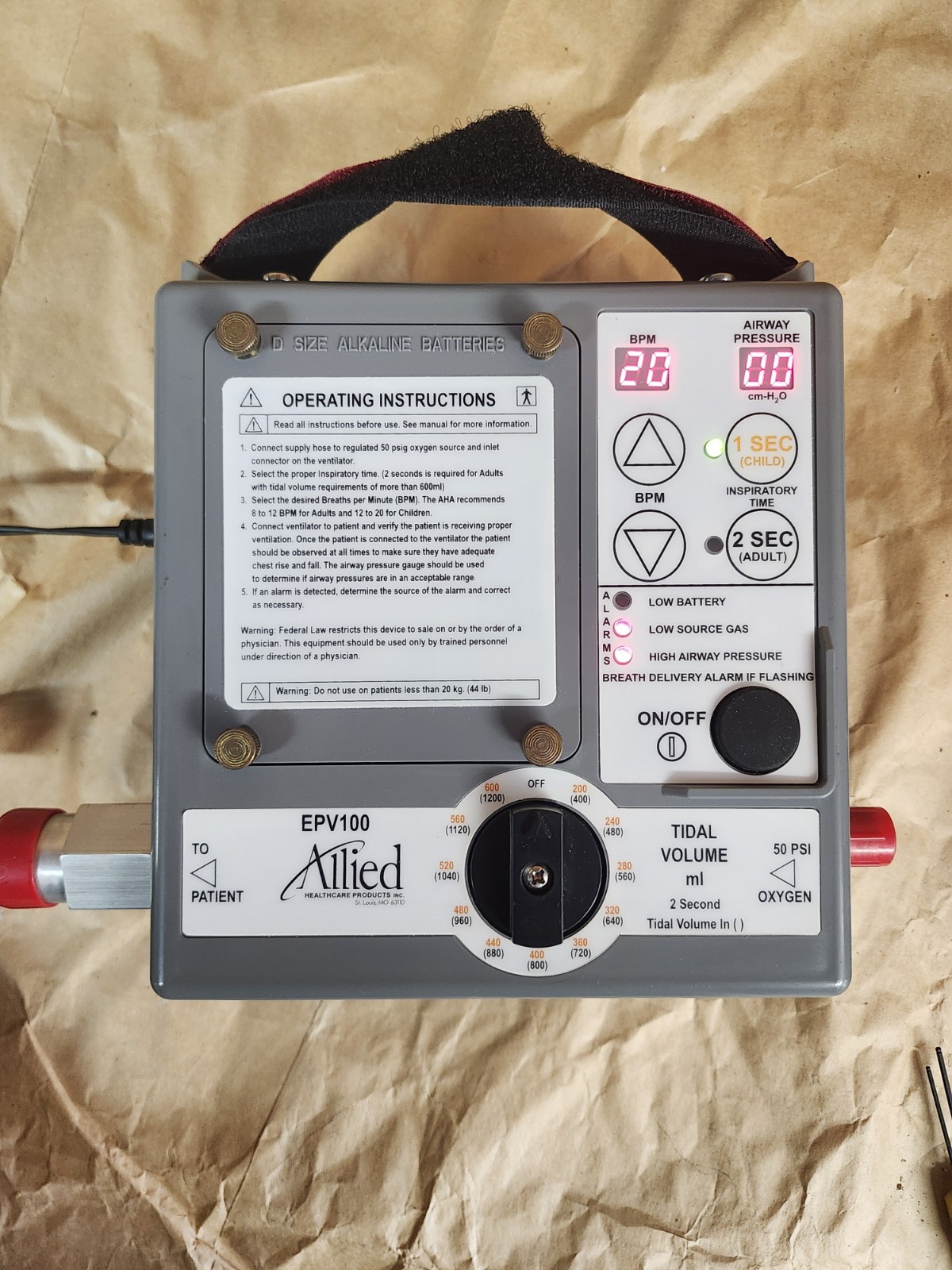 Allied Healthcare Vent EPV100 in open box with Power Supply Never Used