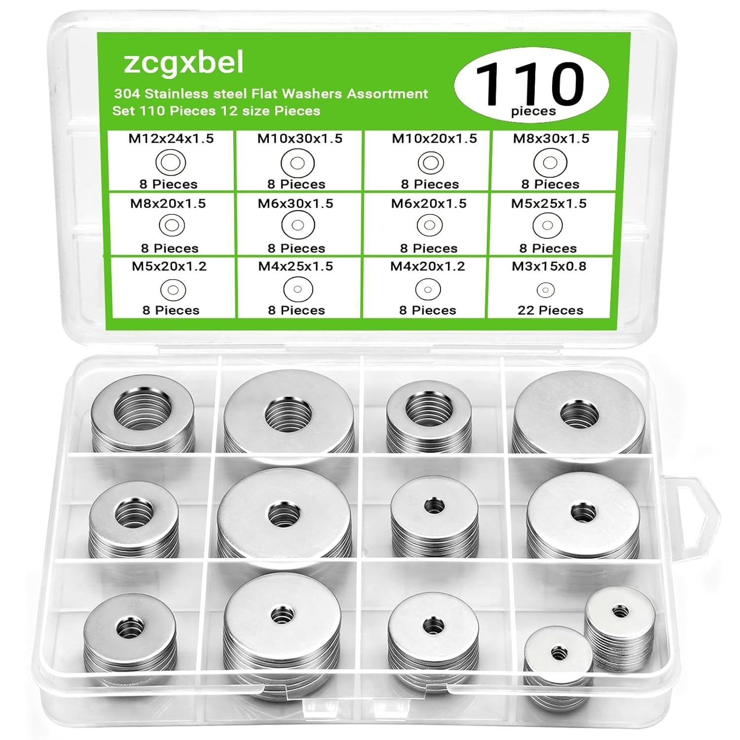 108Pcs 304 Stainless Steel Flat Washers, Fender Washers Assortment Kit 12 Sizes