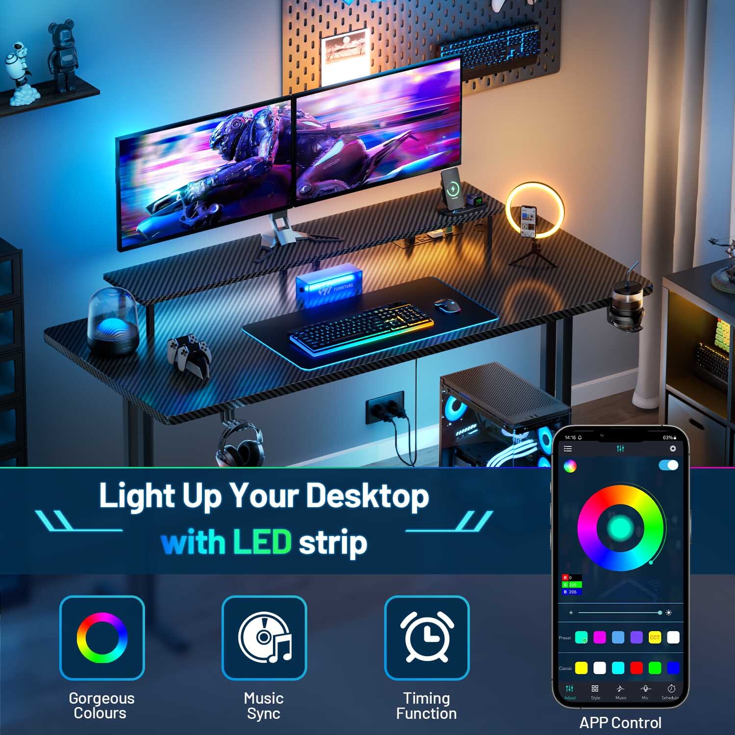 Gaming Desk with LED Lights & Power Outlet, Gamer Desk with Monitor Stand