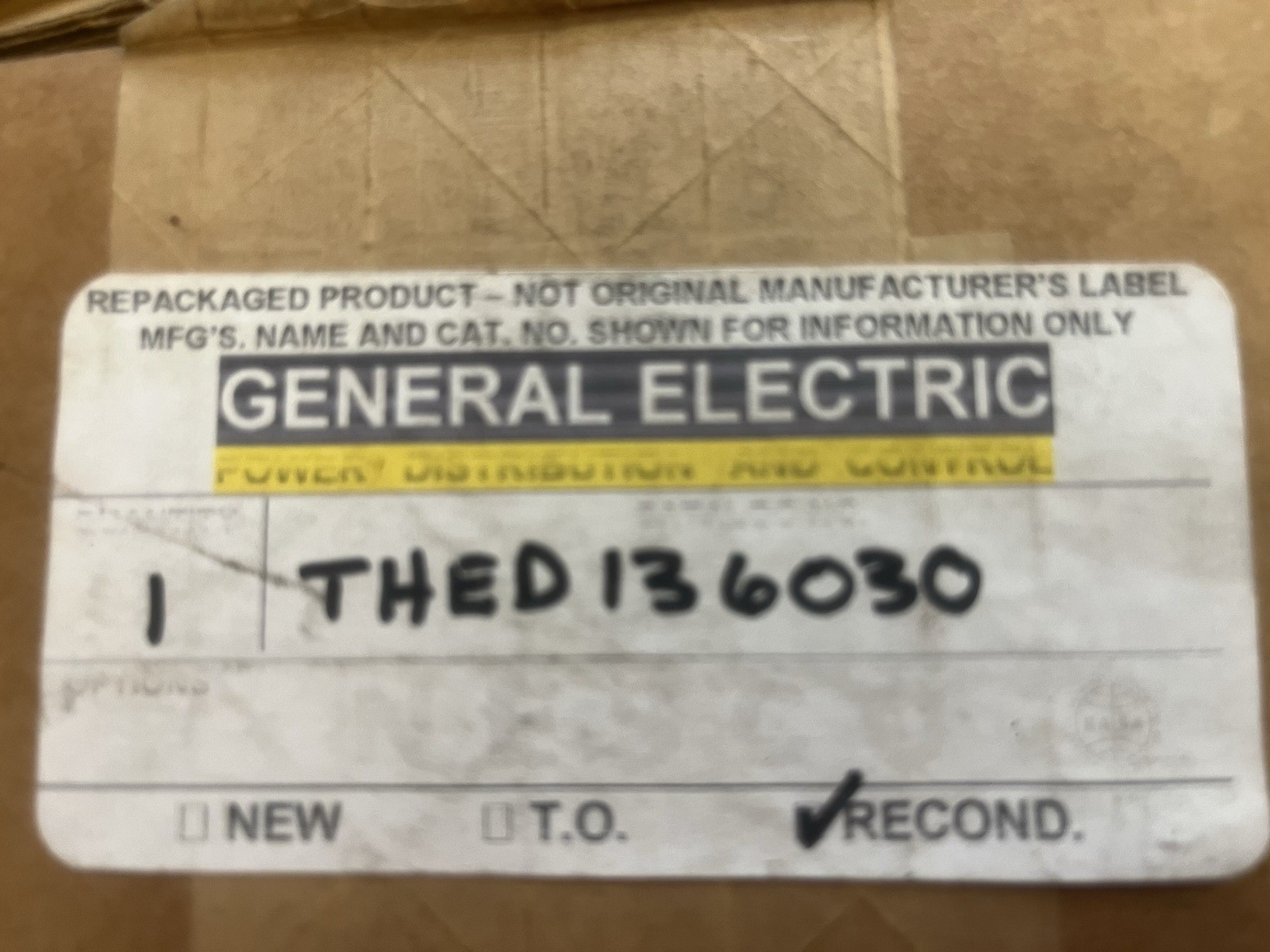 GENERAL ELECTRIC THED136030 CIRCUIT BREAKER 600VAC 30AMP 3 POLE (RECONDITIONED)