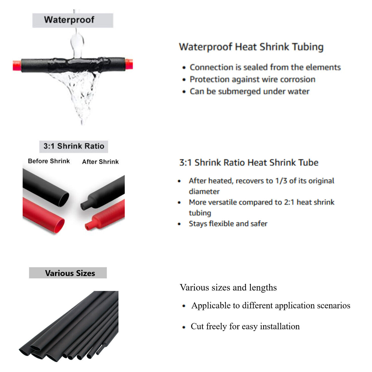 Heat Shrink Tubing Dual Wall Marine 3:1 Adhesive Glue Tube Waterproof BLACK