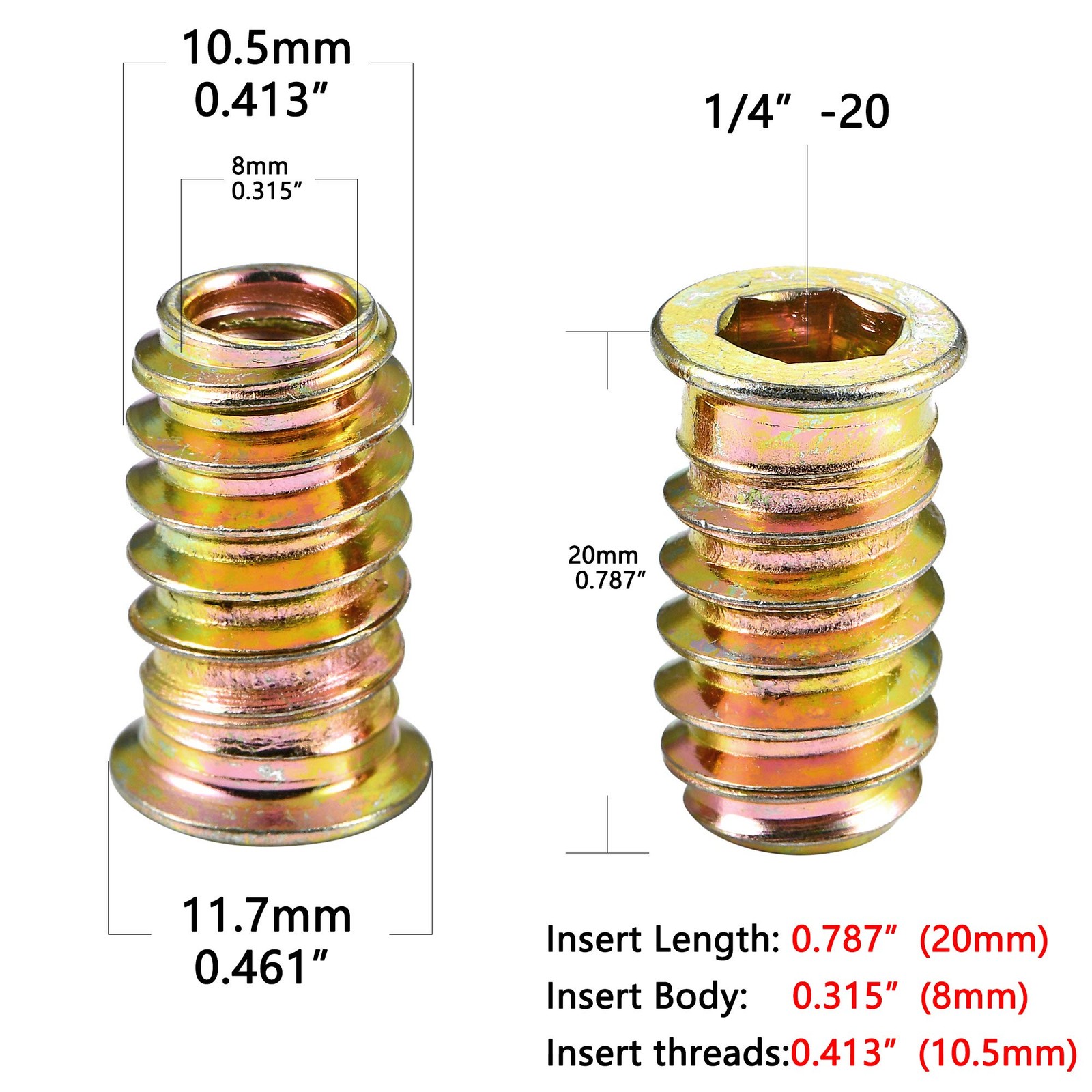 PGMJ 200 Pcs Threaded Inserts for Wood – One Size, 200 1/4″-20 x 20mm