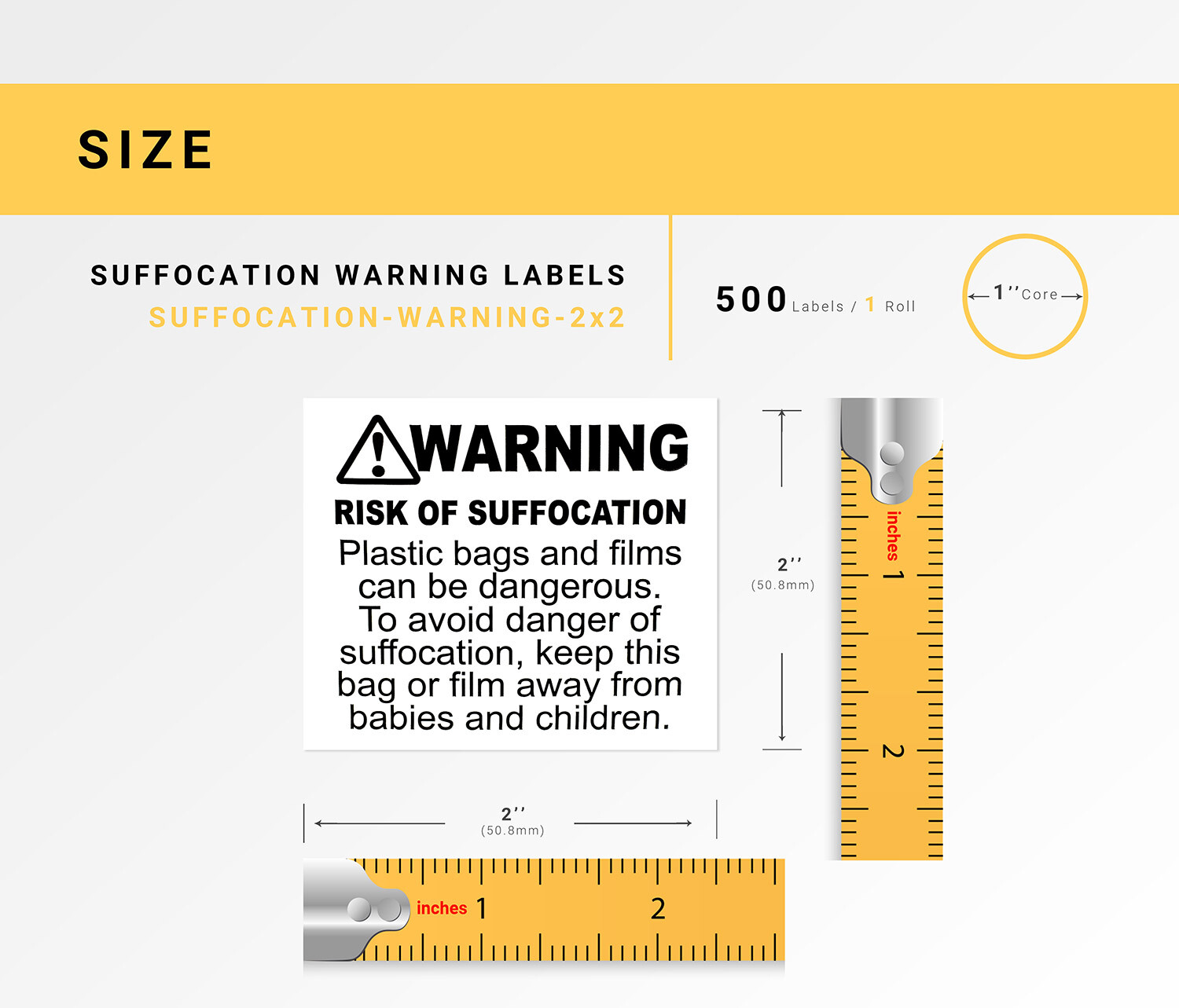 SUFFOCATION WARNING Labels/Stickers (2 x 2) – FBA Approved – (2) Rolls of 500