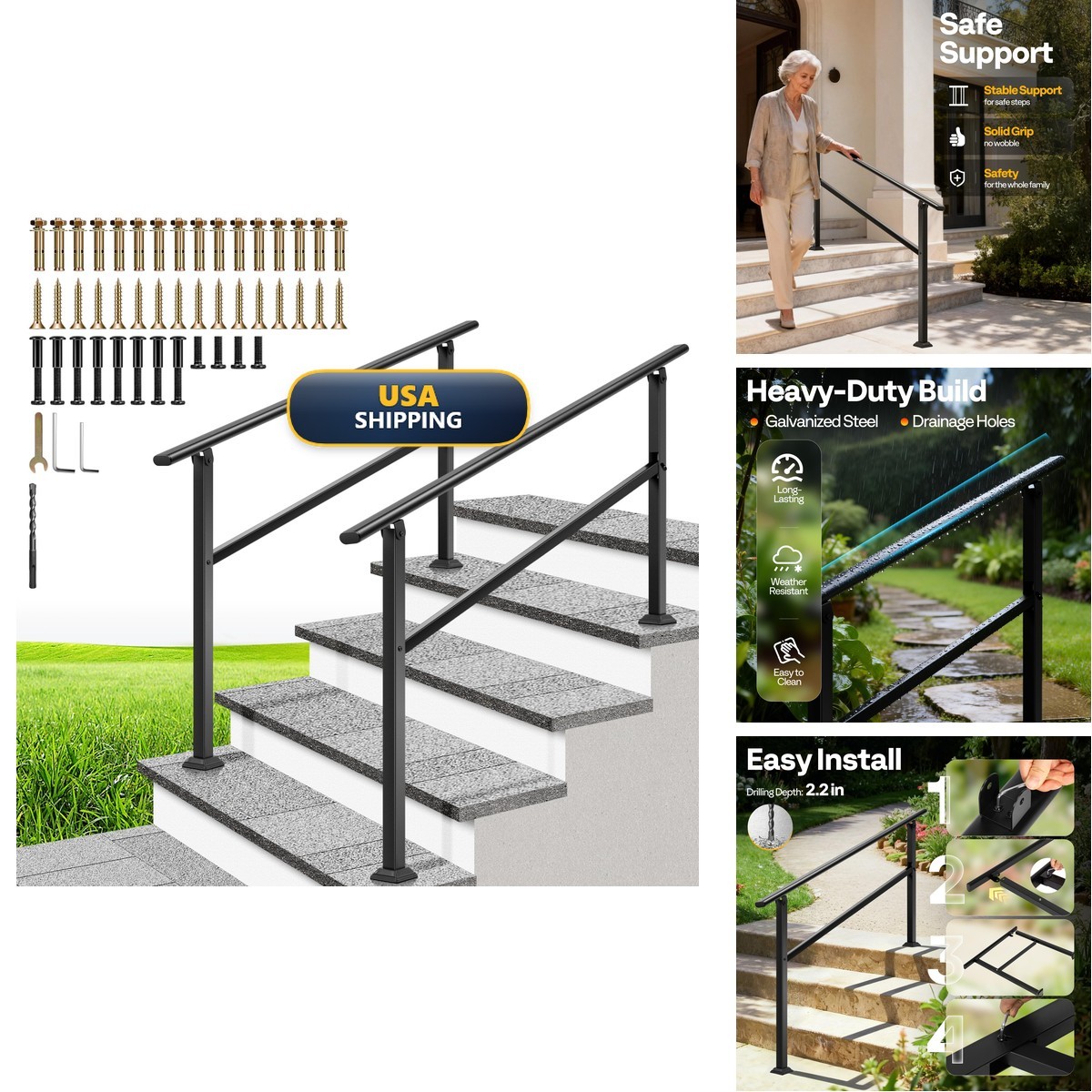 Vivohome 2-Pack 4 Step Hand Rails For Outdoor Steps Galvanized Steel Railing
