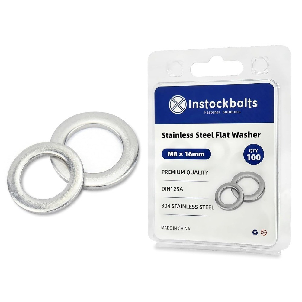 M8 x 16mm OD 304 Stainless Steel Flat Washer 100PCS Metric Hardware Fasteners