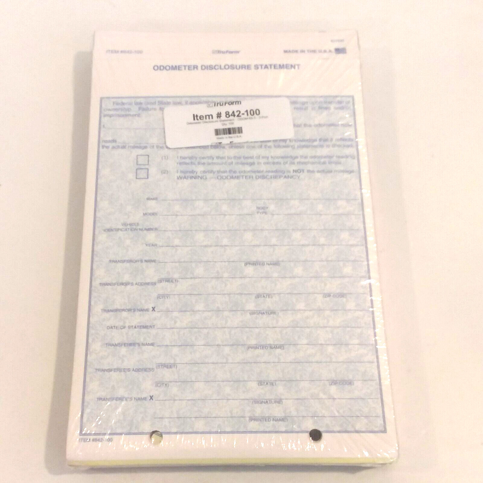 Odometer Disclosure Statement 3-part ODOM-65-3 TruForm #842 100 per pack NEW