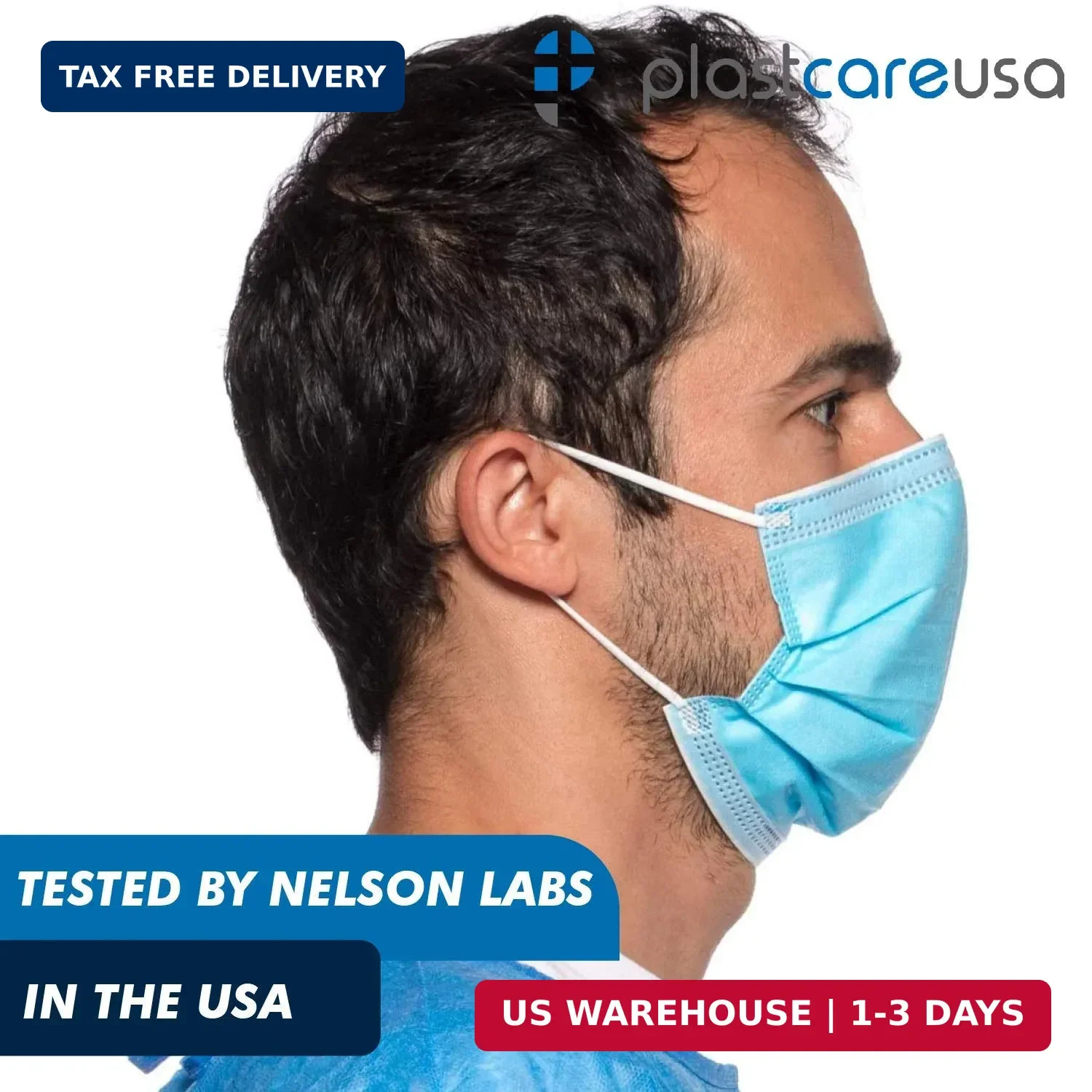 PlastCare USA 100 4-Ply ASTM Level 3 Face Masks, Disposable (Blue) (2 Boxes of 5