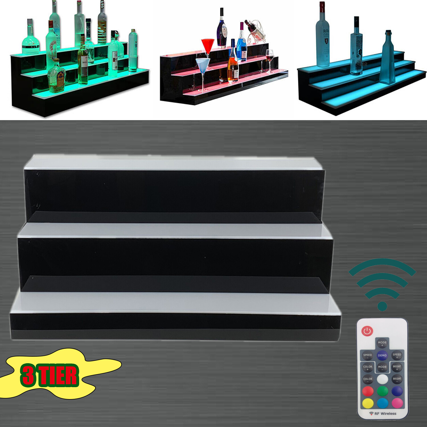 31″MultiColor LED Lighted Liquor Bottle Display 3 Tier for Home Commercial Bar