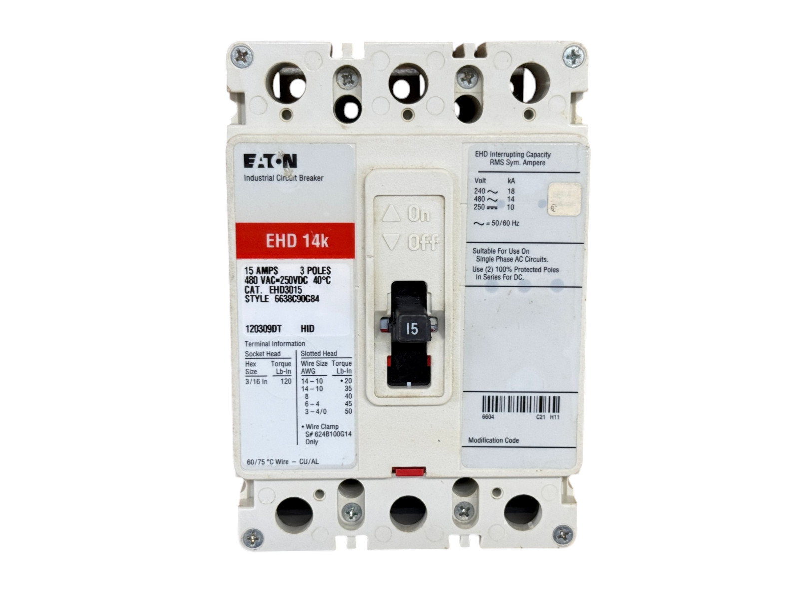 EATON CUTLER HAMMER EHD3015 15A 3-POLE 480V F-FRAME CIRCUIT BREAKER NEW SURPLUS