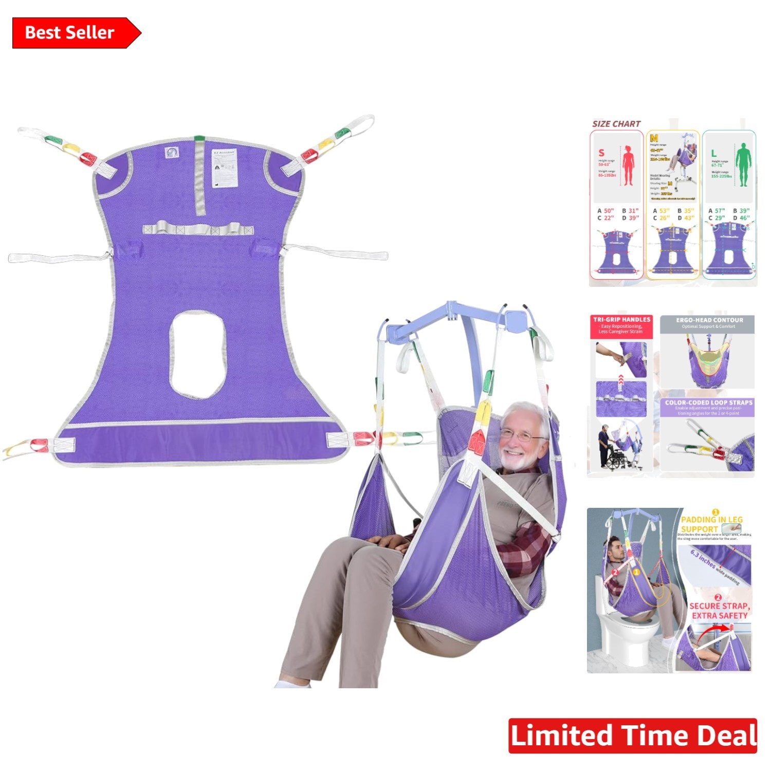 Comfortable Patient Lift Sling with Commode Opening – Large, Machine-Washable