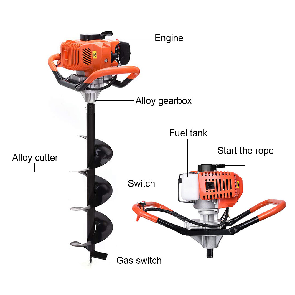 62CC Post Hole Digger Earth Auger w/ 4 Bits (4″ 6″ 8″ 12″)+3 Rods (8″ 12″ 20″)