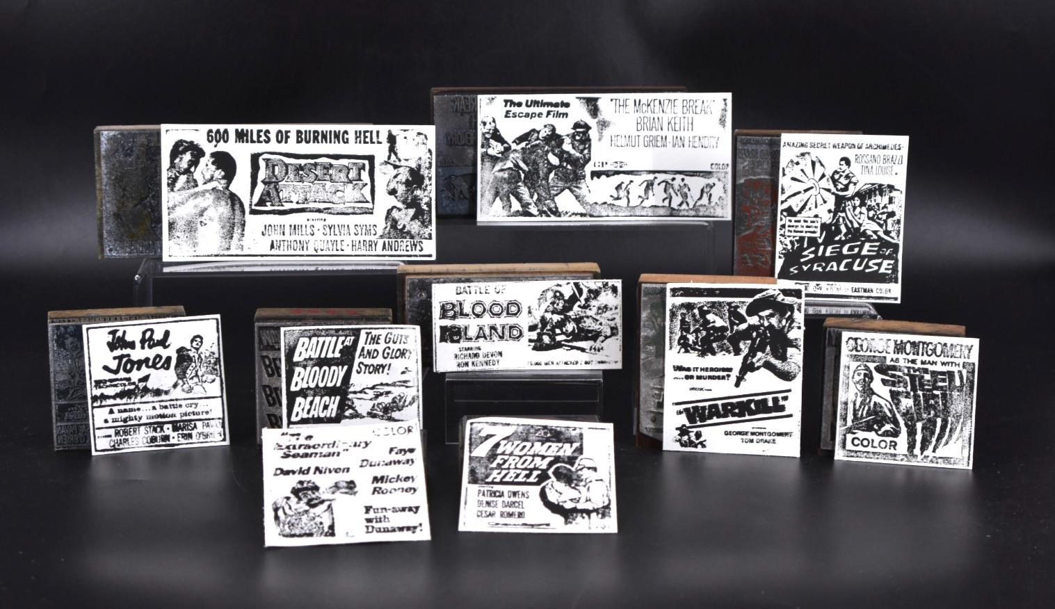 VTG Printing Letterpress (10) Printer Blocks WAR ACTION Movies Stack Keith 1960s