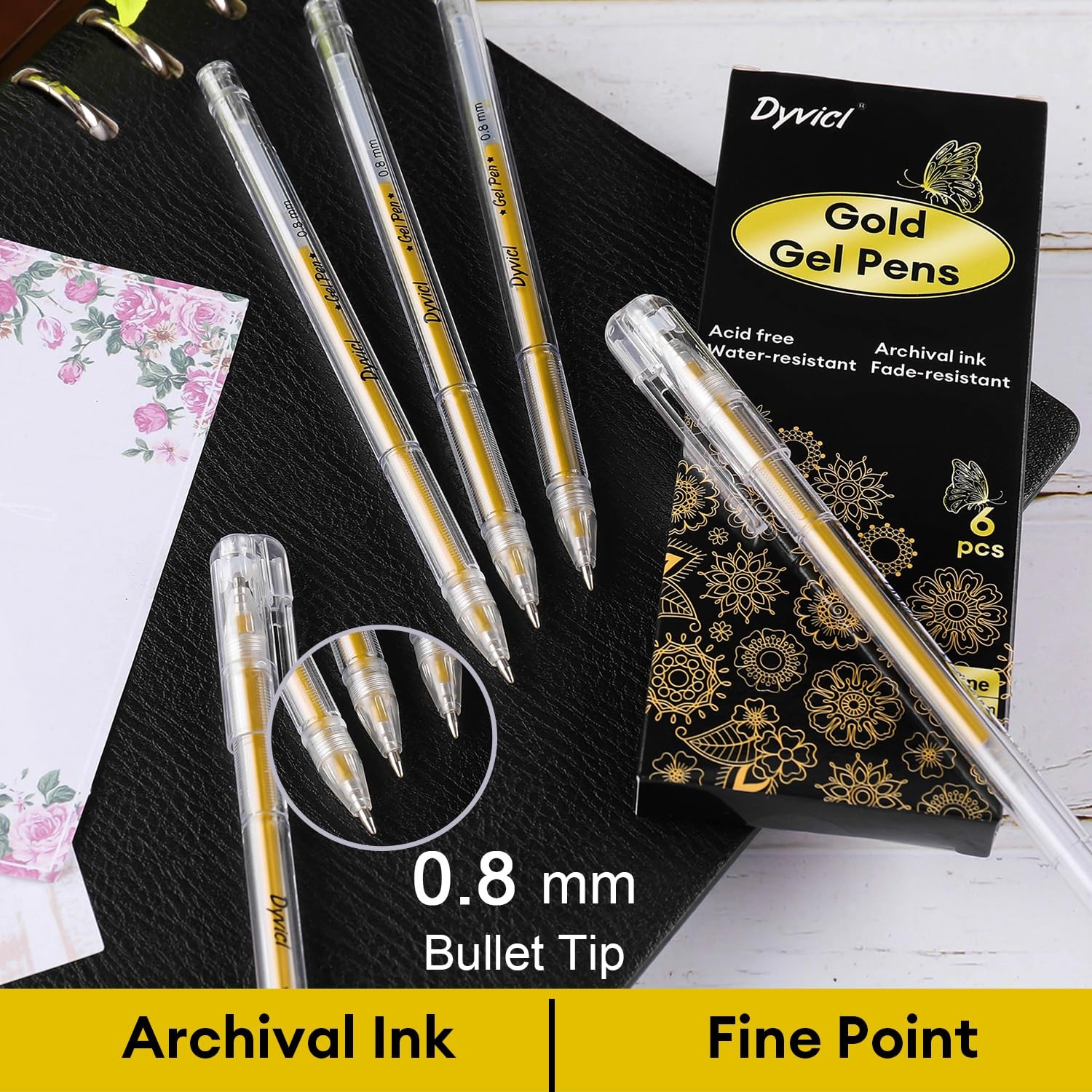 6 PCS Metallic Gold Gel Pens 0.8mm Fine Point Ink Black Paper Art Drawing