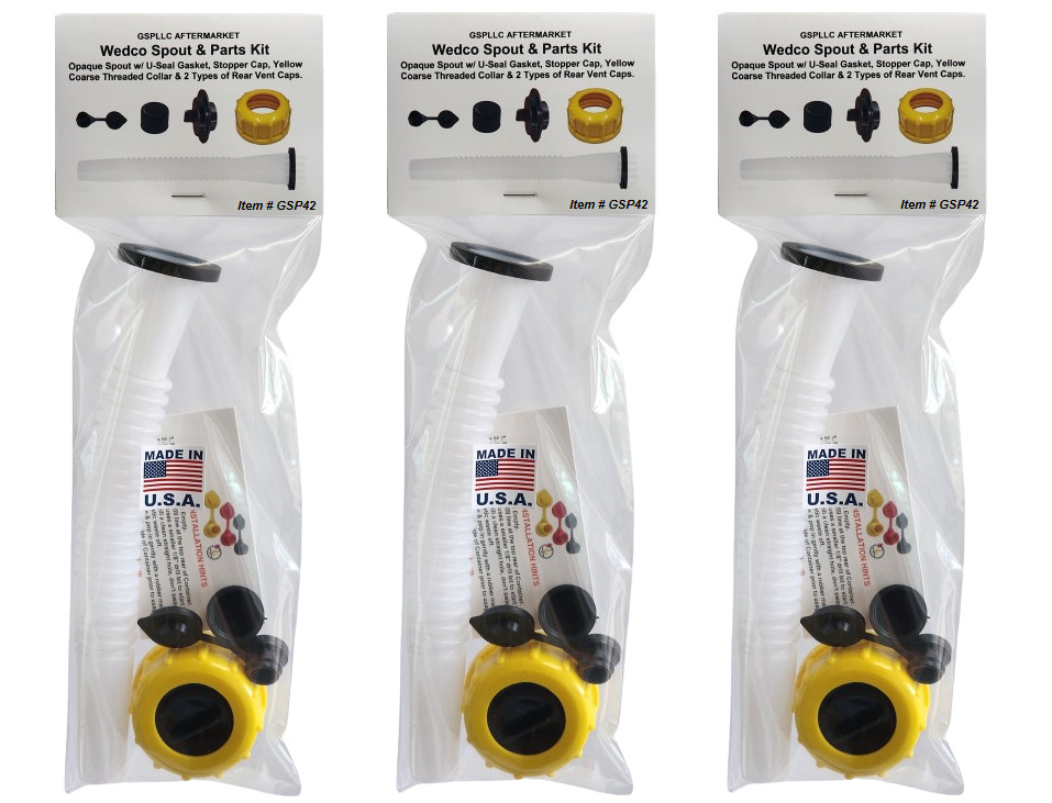 3 Pack GAS SPOUT & PARTS KIT for WEDCO Brand Spout, Stopper, Collar, 2 Vent Caps