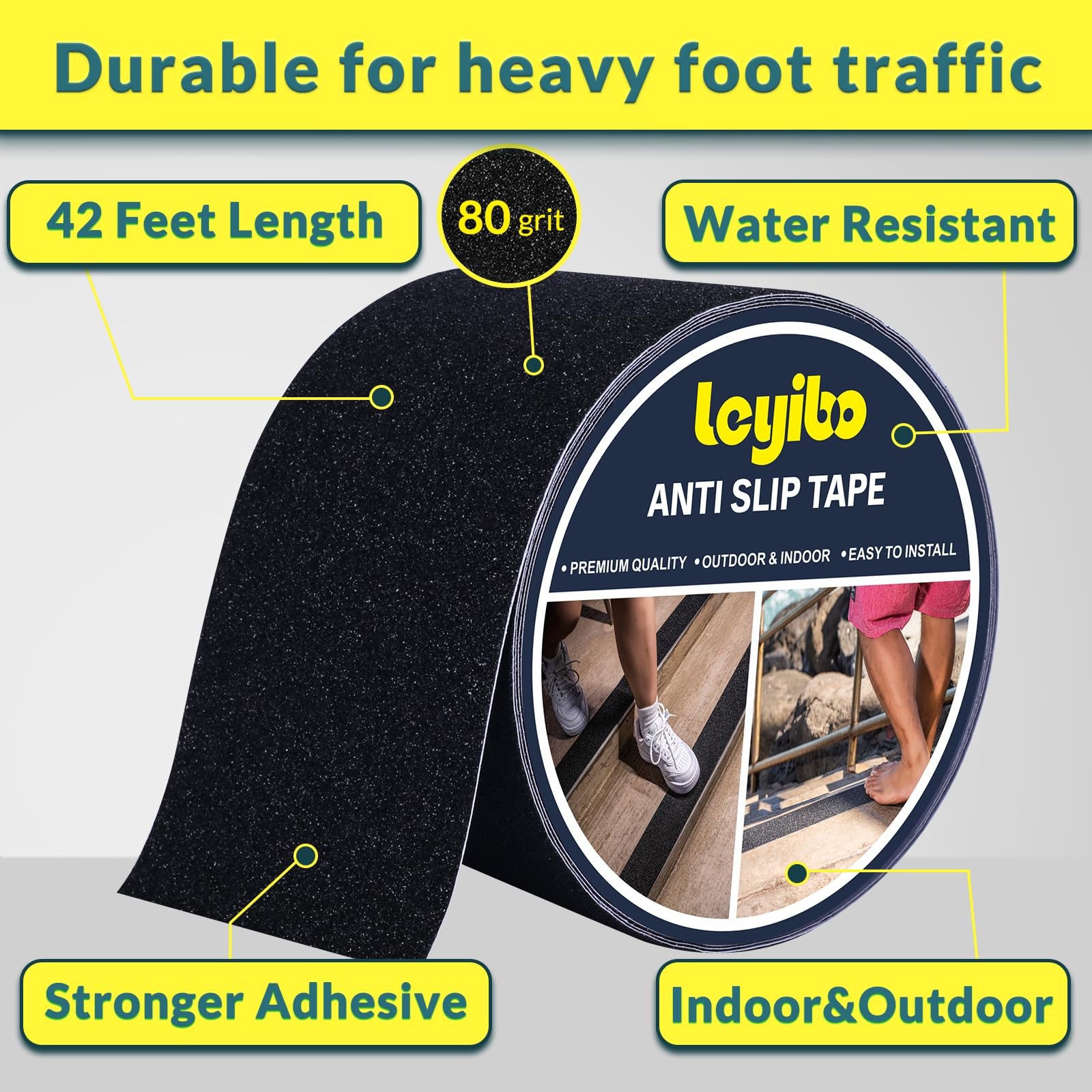 Leyibo Anti Slip Tape, 4 Inch x 42 Ft Grip Tape for Stairs Outdoor/Indoor, Wa…