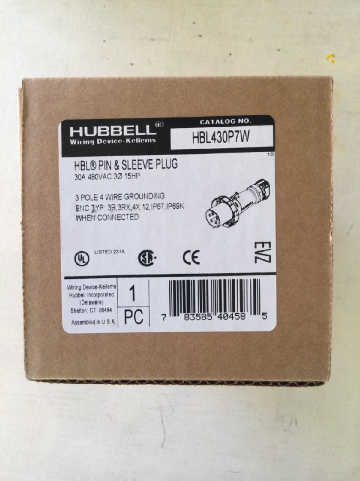 Hubbell HBL430P7W Connector, 30A 480V 3 Phase New in Box