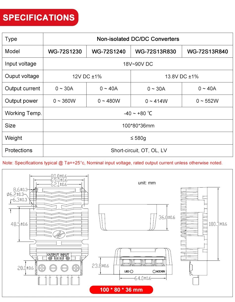 DC DC Converter 24V 36V 48V 60V 72V To 12V/13.8V Step Down Voltage Reducer