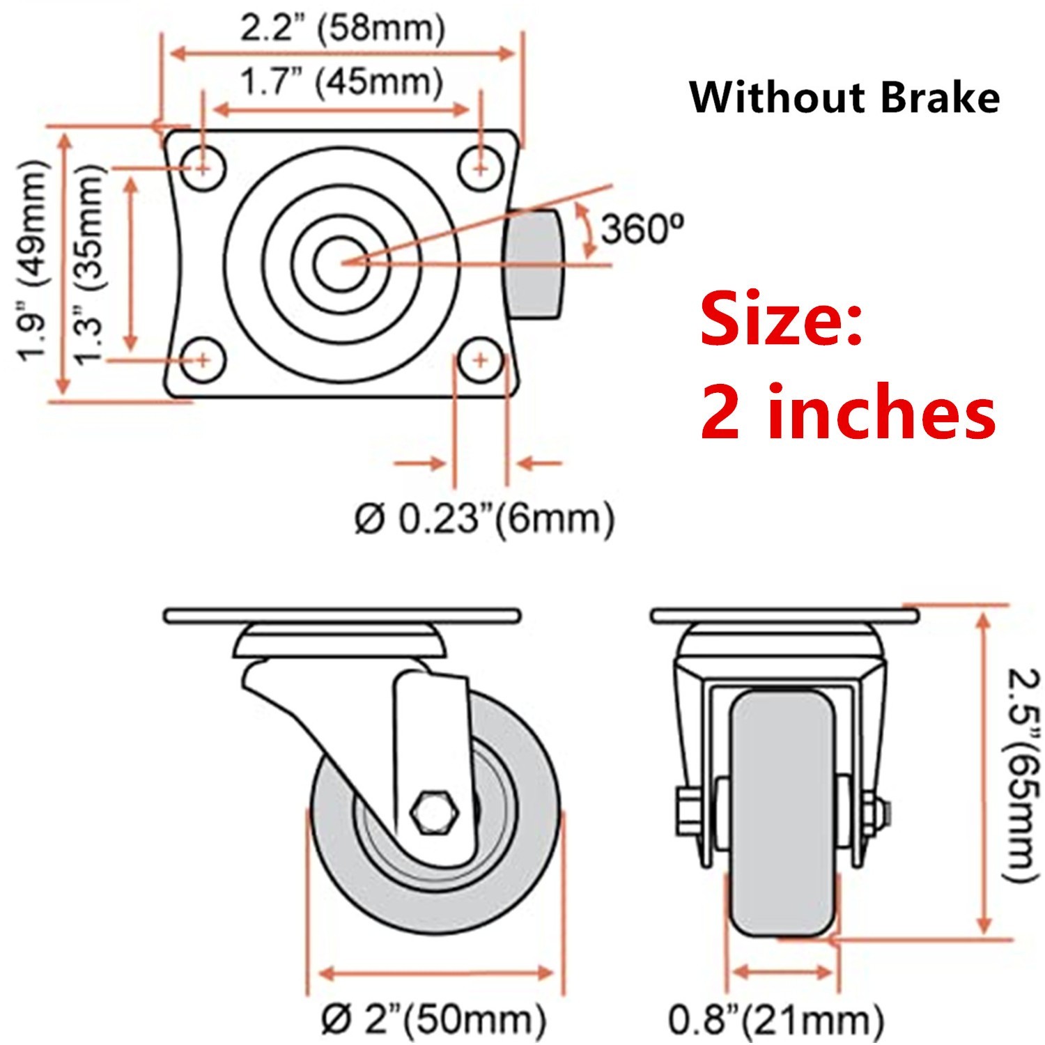4-8 Pk of 2″ & 3″ Swivel Caster Wheels Rubber Base Top Plate Bearing Heavy Duty
